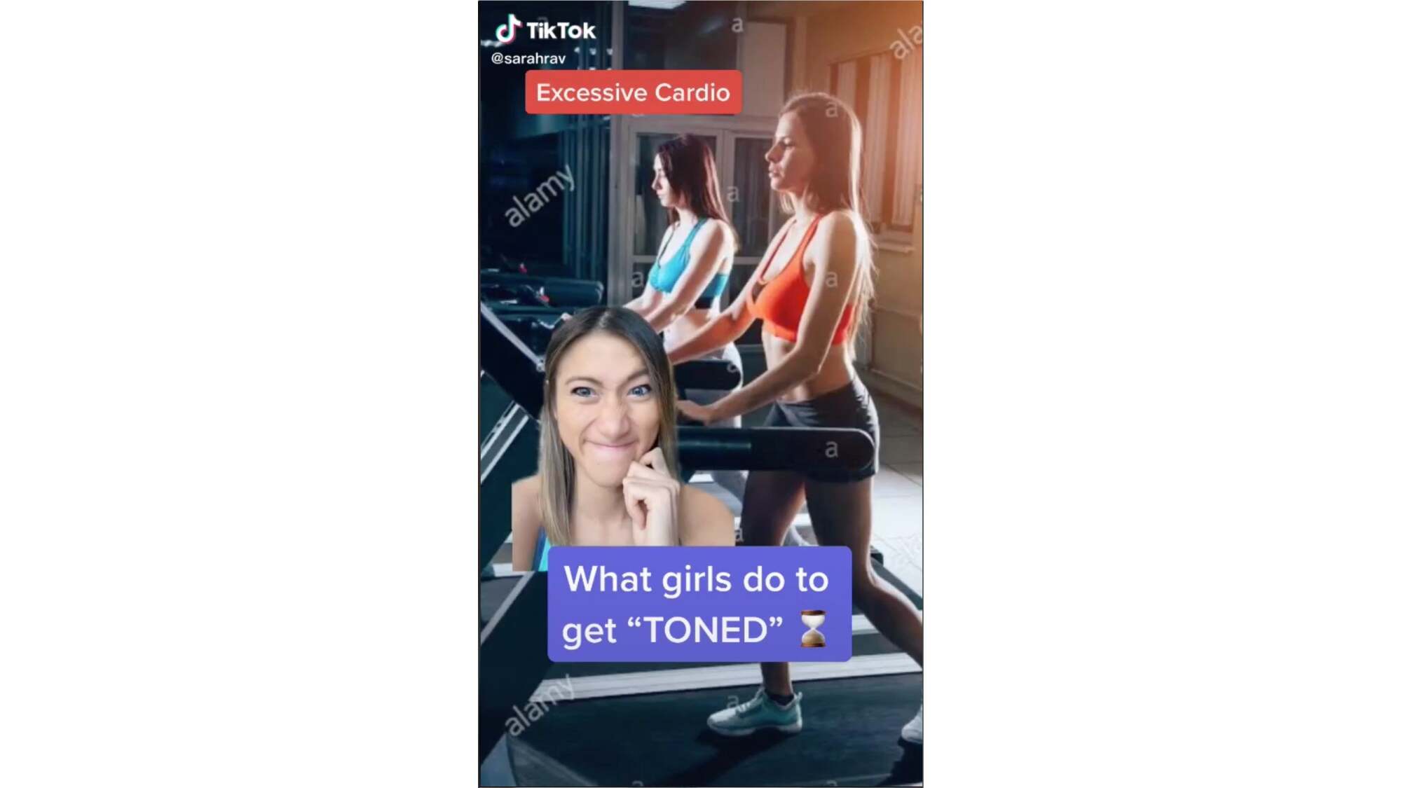 Woman making a disgusted face over a photo of women on treadmills. Text says "what girls do to get "TONED"" and "excessive cardio"