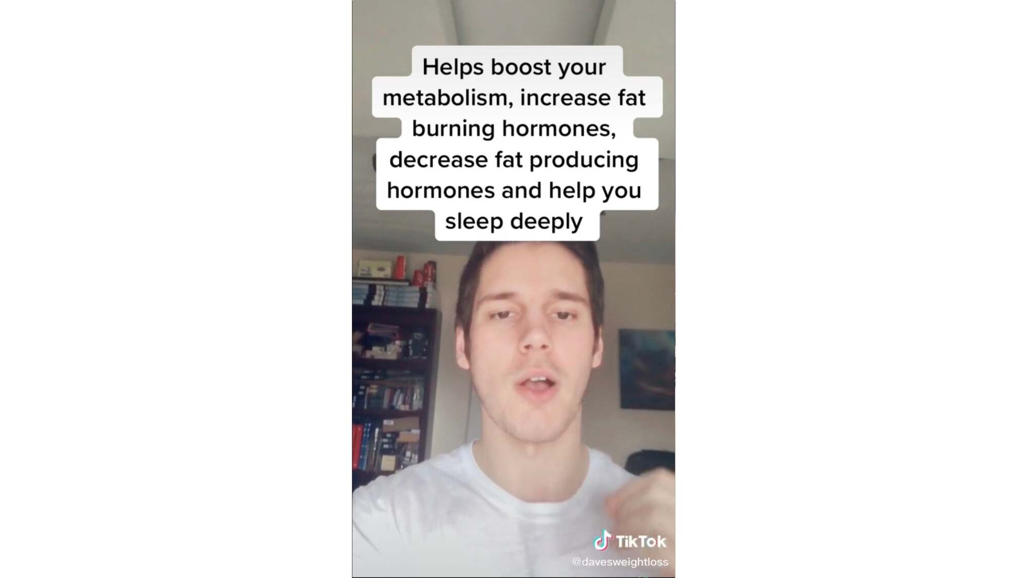 man's face with text: "Helps boost your metabolism, increase fat burning hormones, decrease fat producing hormones and help you sleep deeply