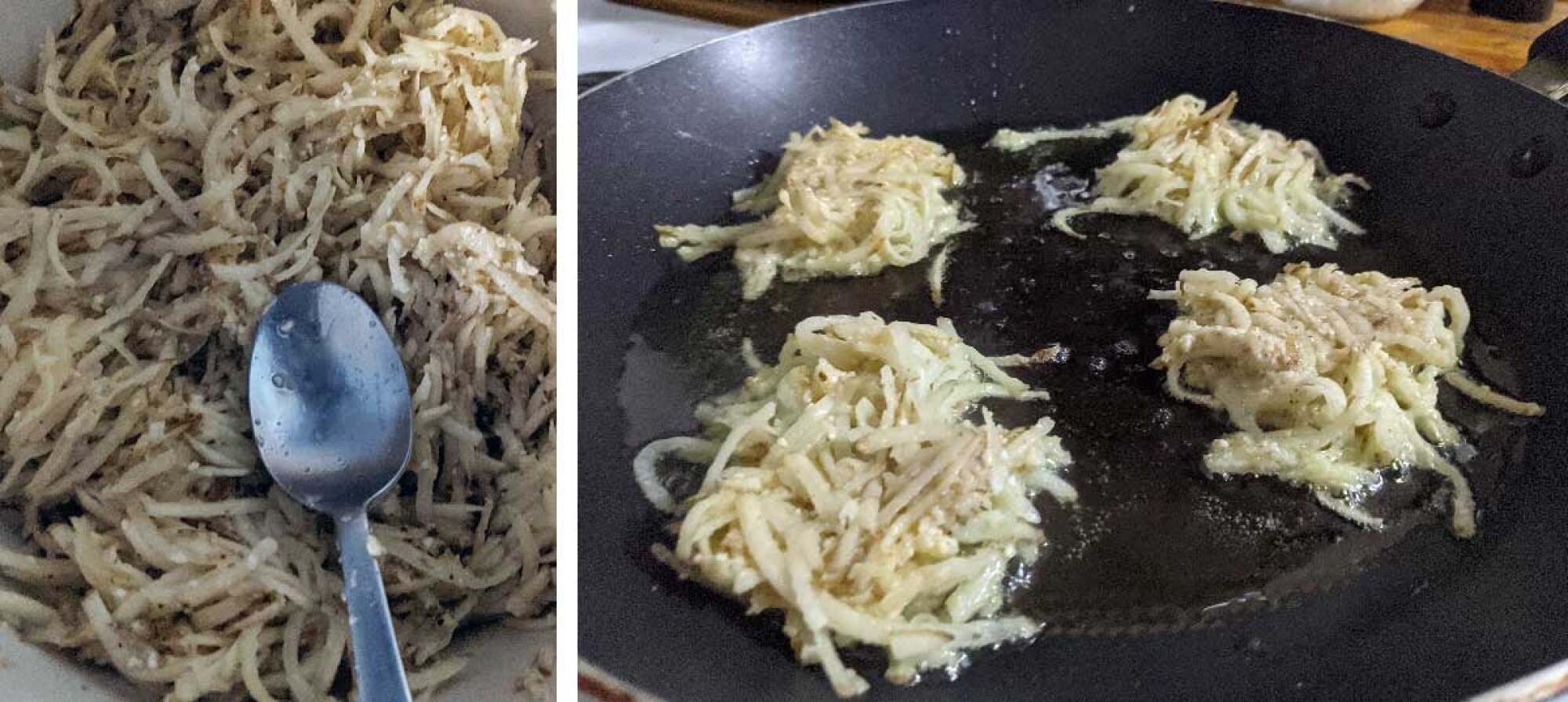 on the left, shredded potatoes with skin on in a bowl. on the right, latke mix in formed latkes frying in a shallow pan of oil. 