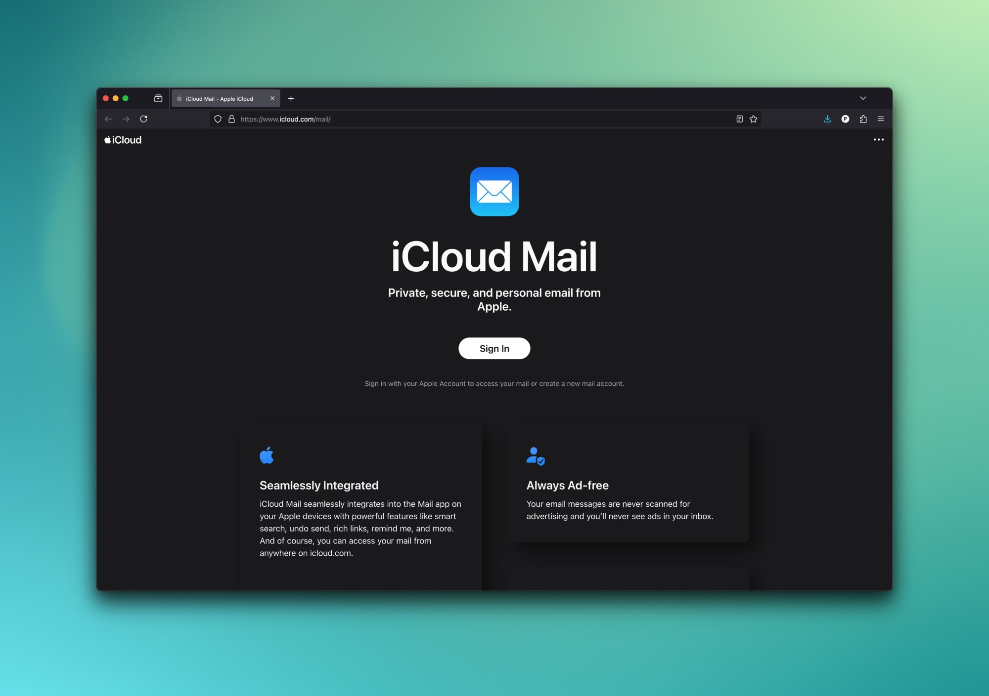 iCloud Mail's features page in a browser.