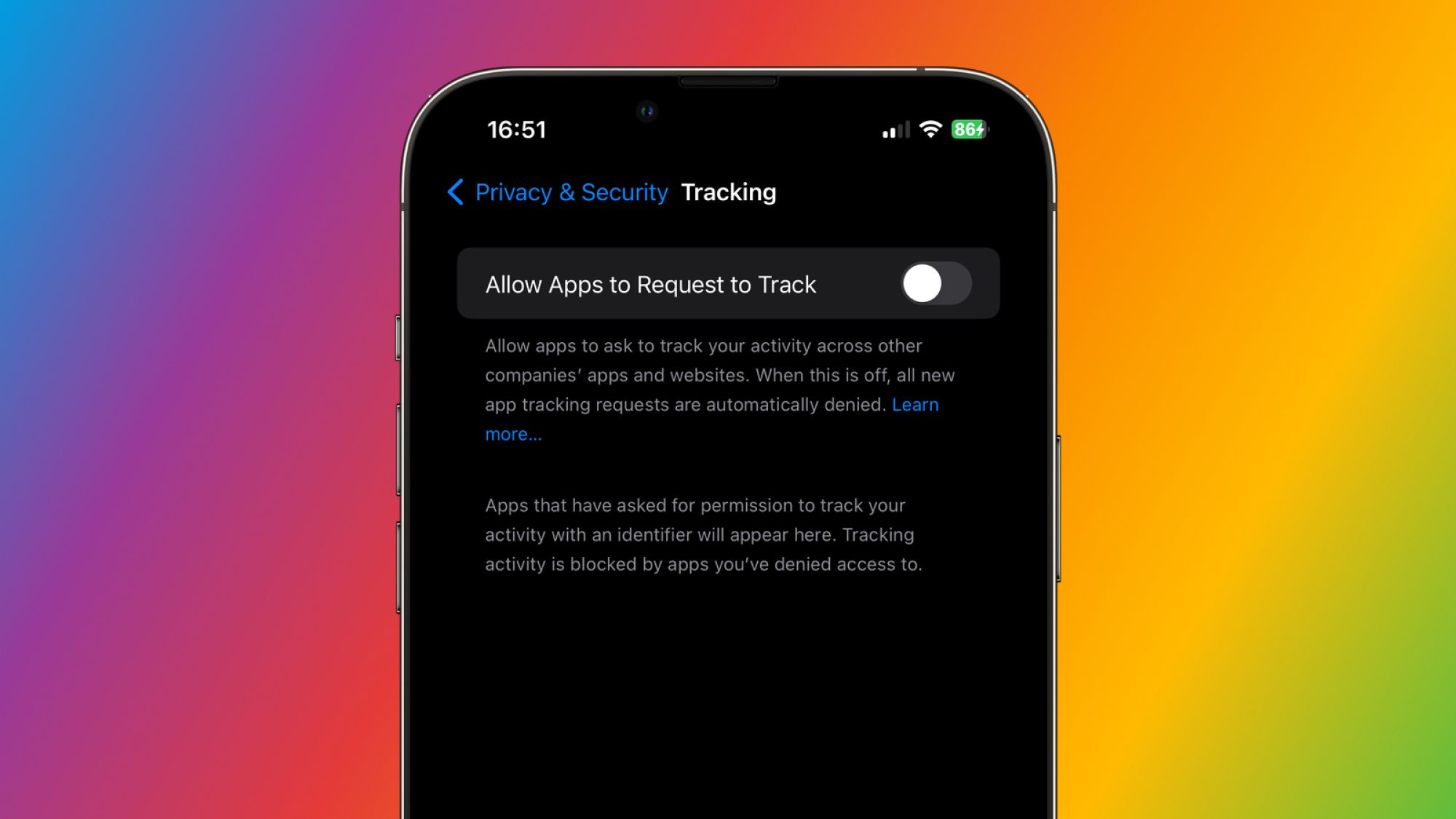 iPhone privacy permissions screen, showing the Allow Apps to Request to Track option disabled.