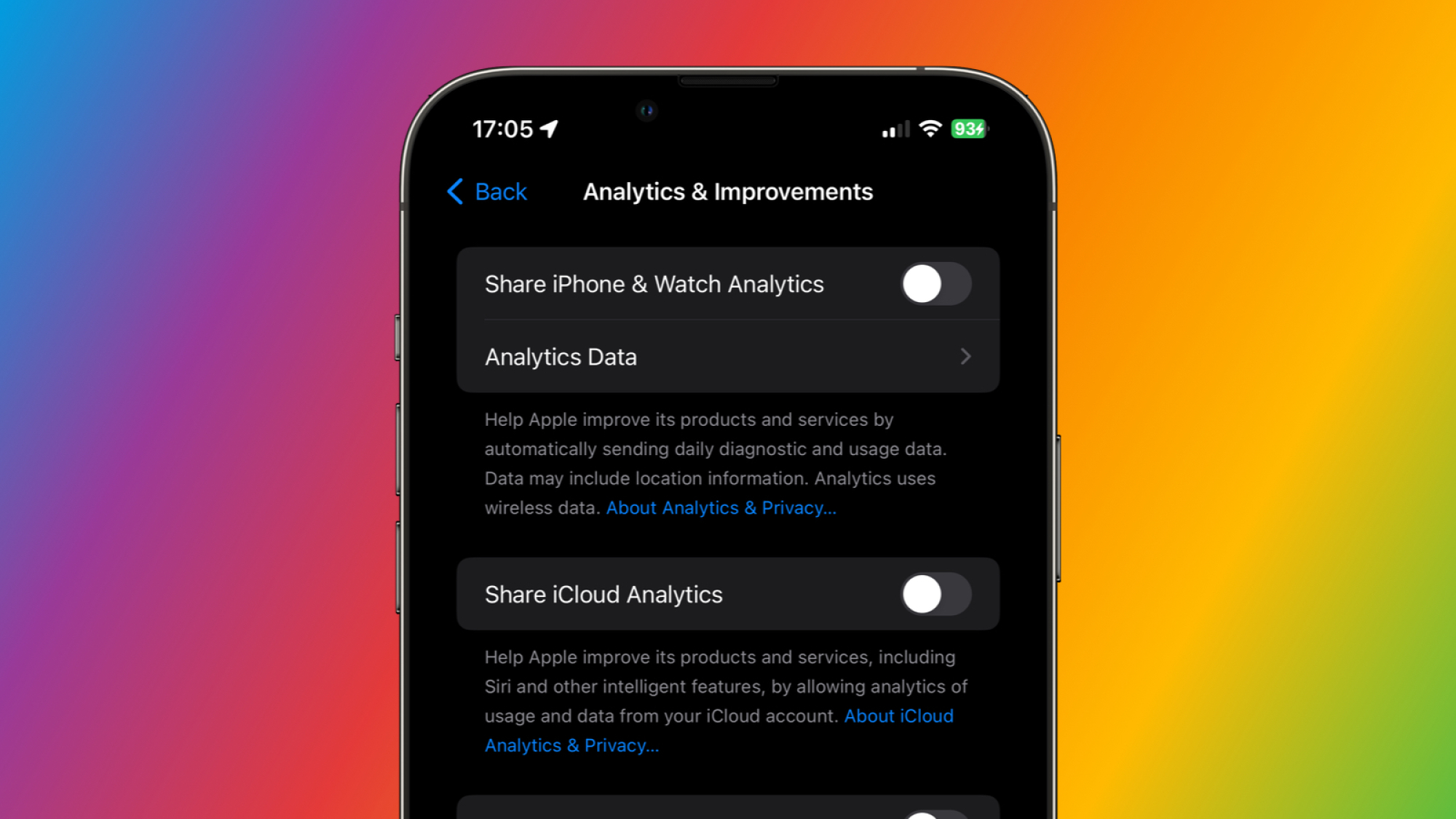 iPhone privacy permissions screen, showing the Apple Analytics page.