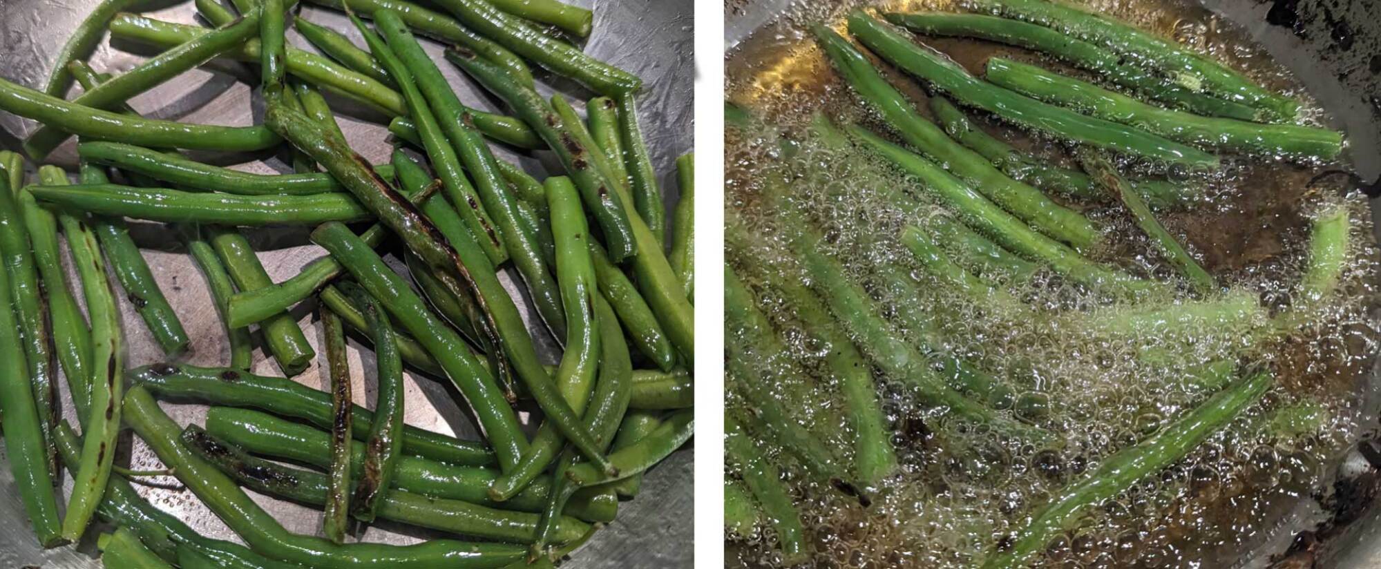 Green beans charring in a skillet and frying in oil