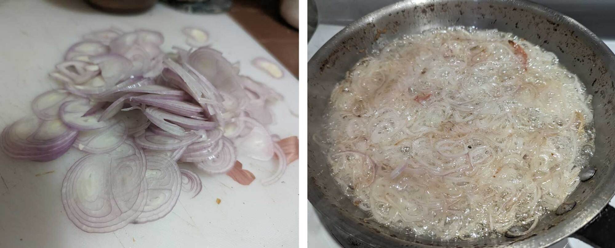 Photo of sliced shallots on left and shallots deep frying on right