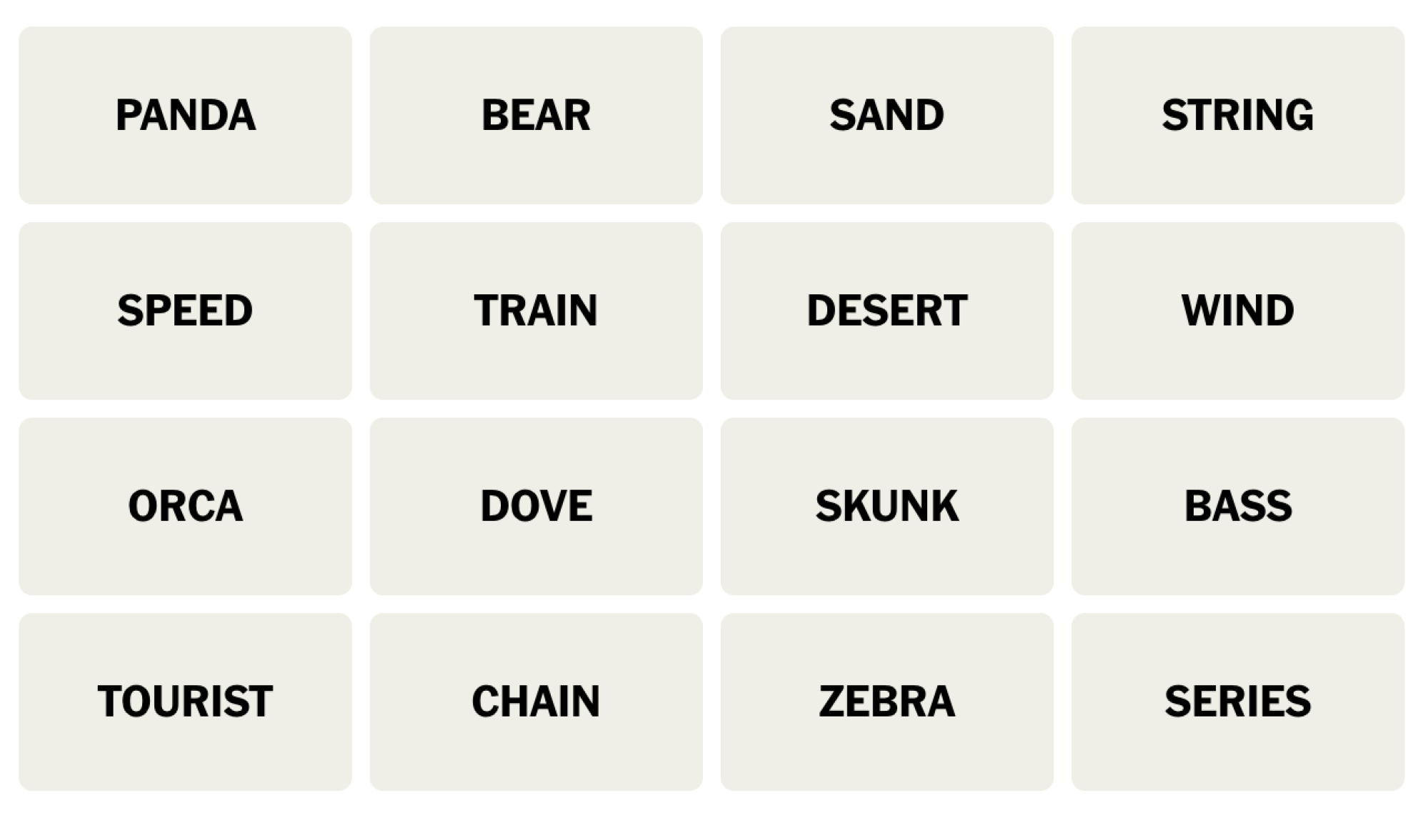 NYT Connections board for December 30, 2023: PANDA, BEAR, SAND, STRING, SPEED, TRAIN, DESERT, WIND, ORCA, DOVE, SKUNK, BASS, TOURIST, CHAIN, ZEBRA, SERIES.