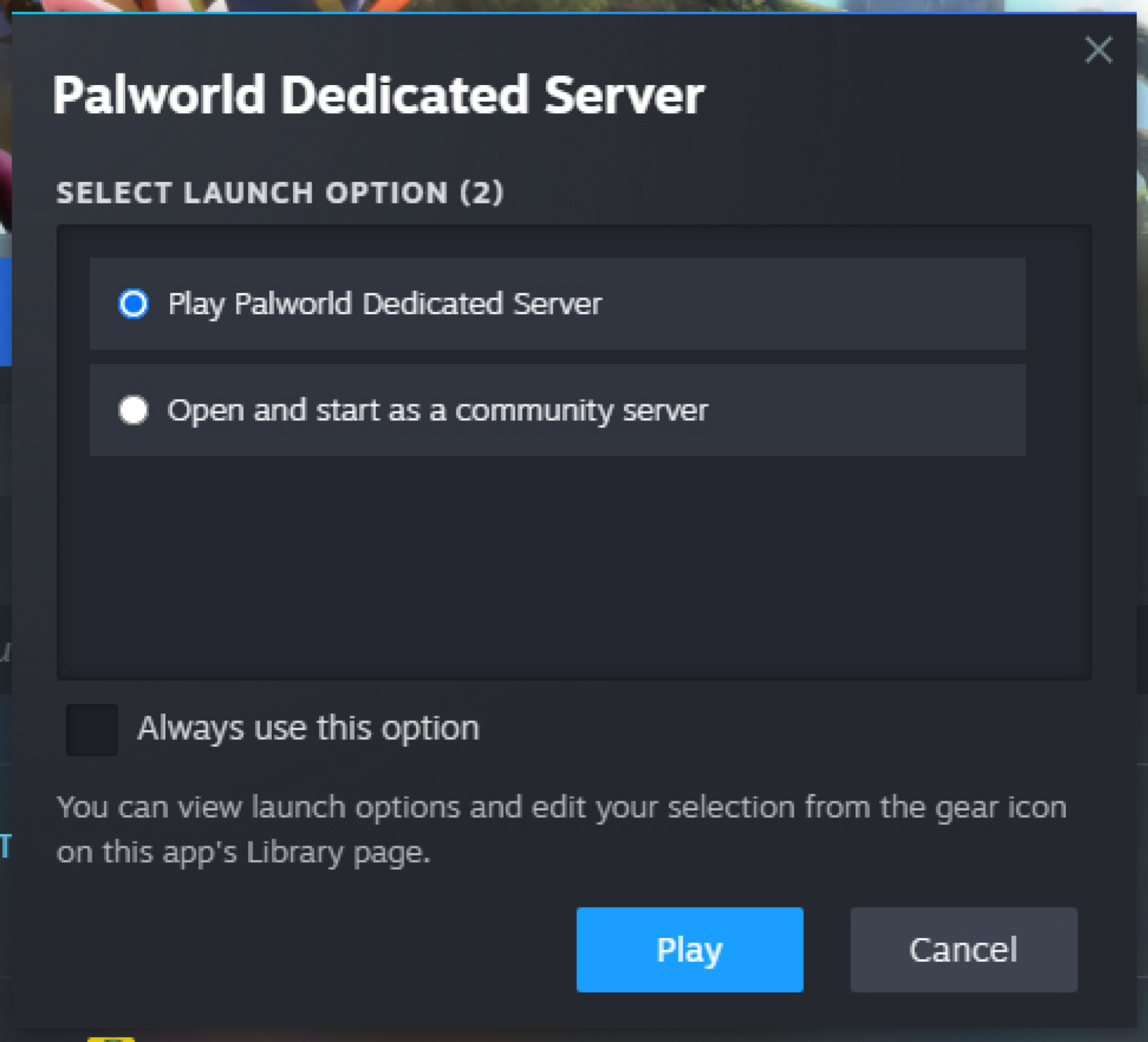 Steam dialogue box for selecting Palworld dedicated server