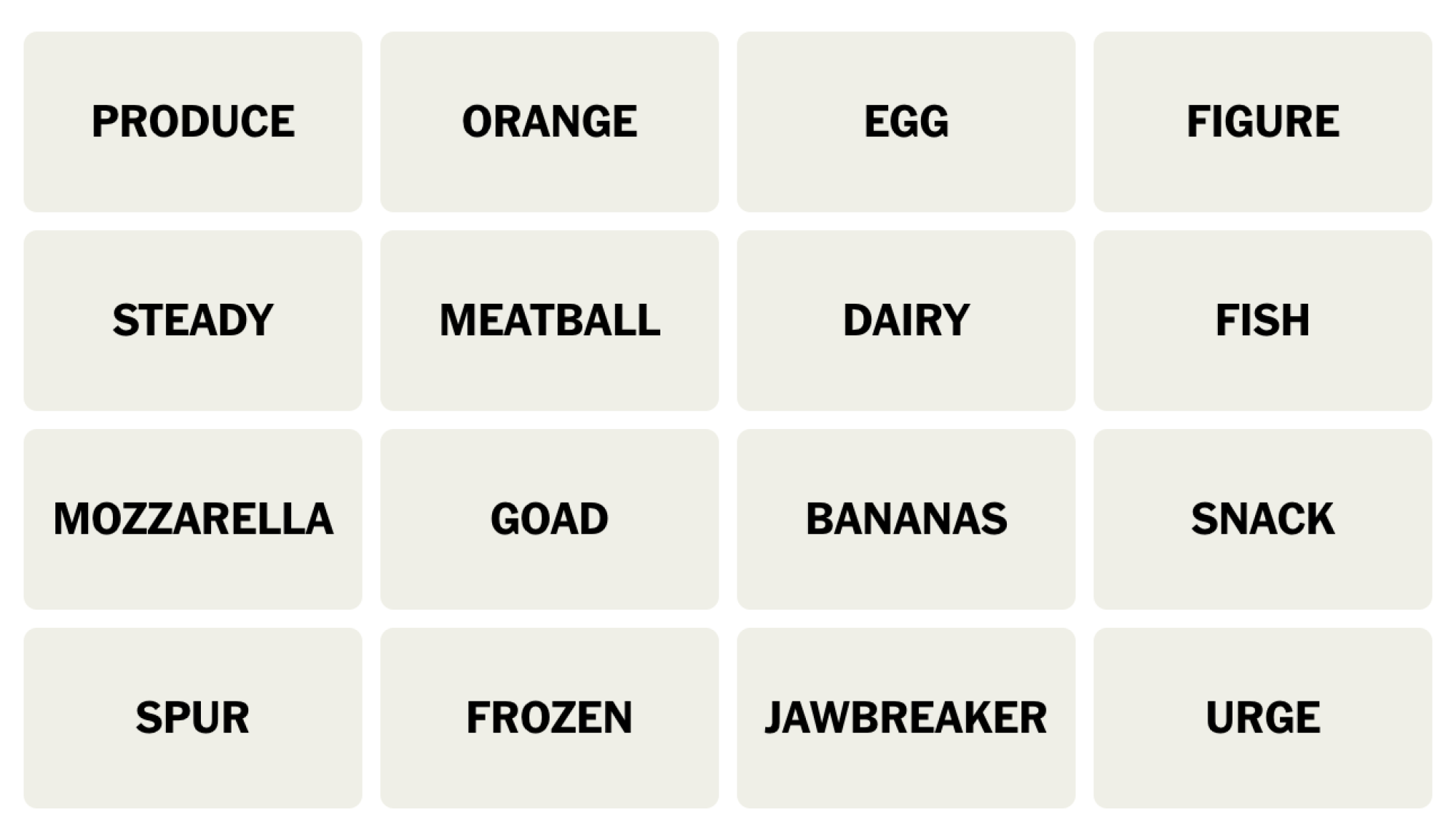 NYT Connections board for February 13, 2024: PRODUCE, ORANGE, EGG, FIGURE, STEADY, MEATBALL, DAIRY, FISH, MOZZARELLA, GOAD, BANANAS, SNACK, SPUR, FROZEN, JAWBREAKER, URGE.