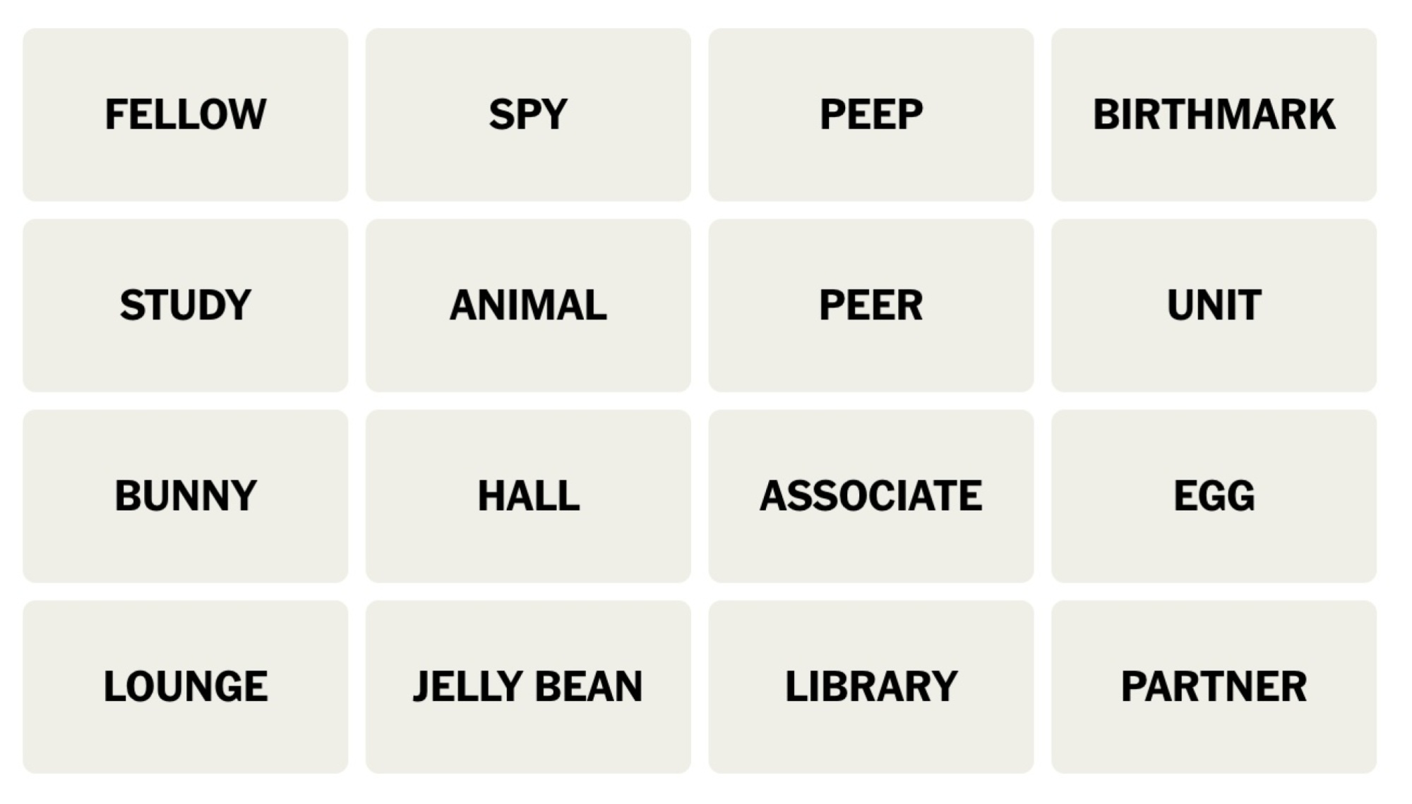 NYT Connections board for March 4, 2024: FELLOW, SPY, PEEP, BIRTHMARK, STUDY, ANIMAL, PEER, UNIT, BUNNY, HALL, ASSOCIATE, EGG, LOUNGE, JELLY BEAN, LIBRARY, PARTNER.