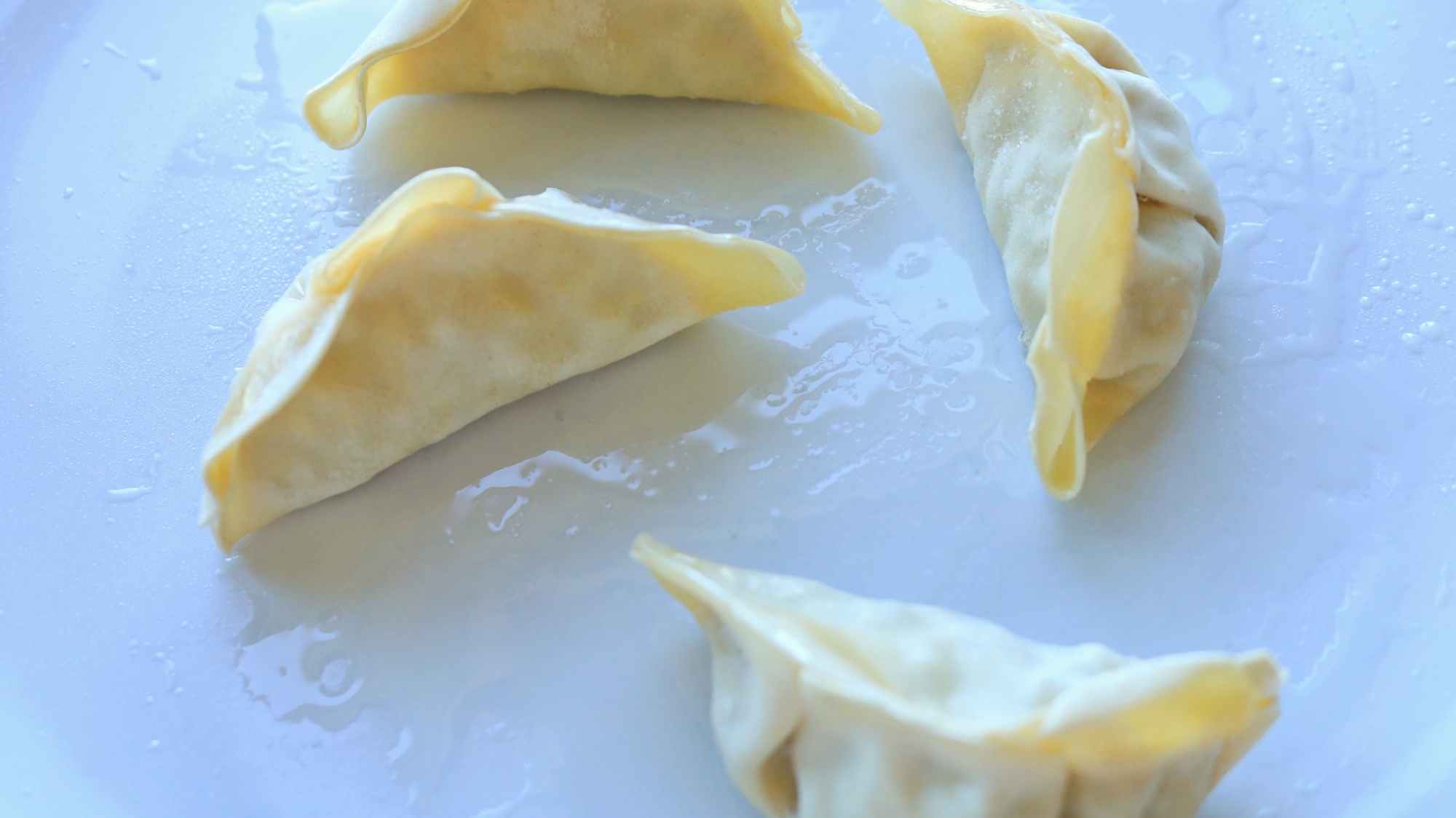 Frozen dumplings on a plate with oil puddles.