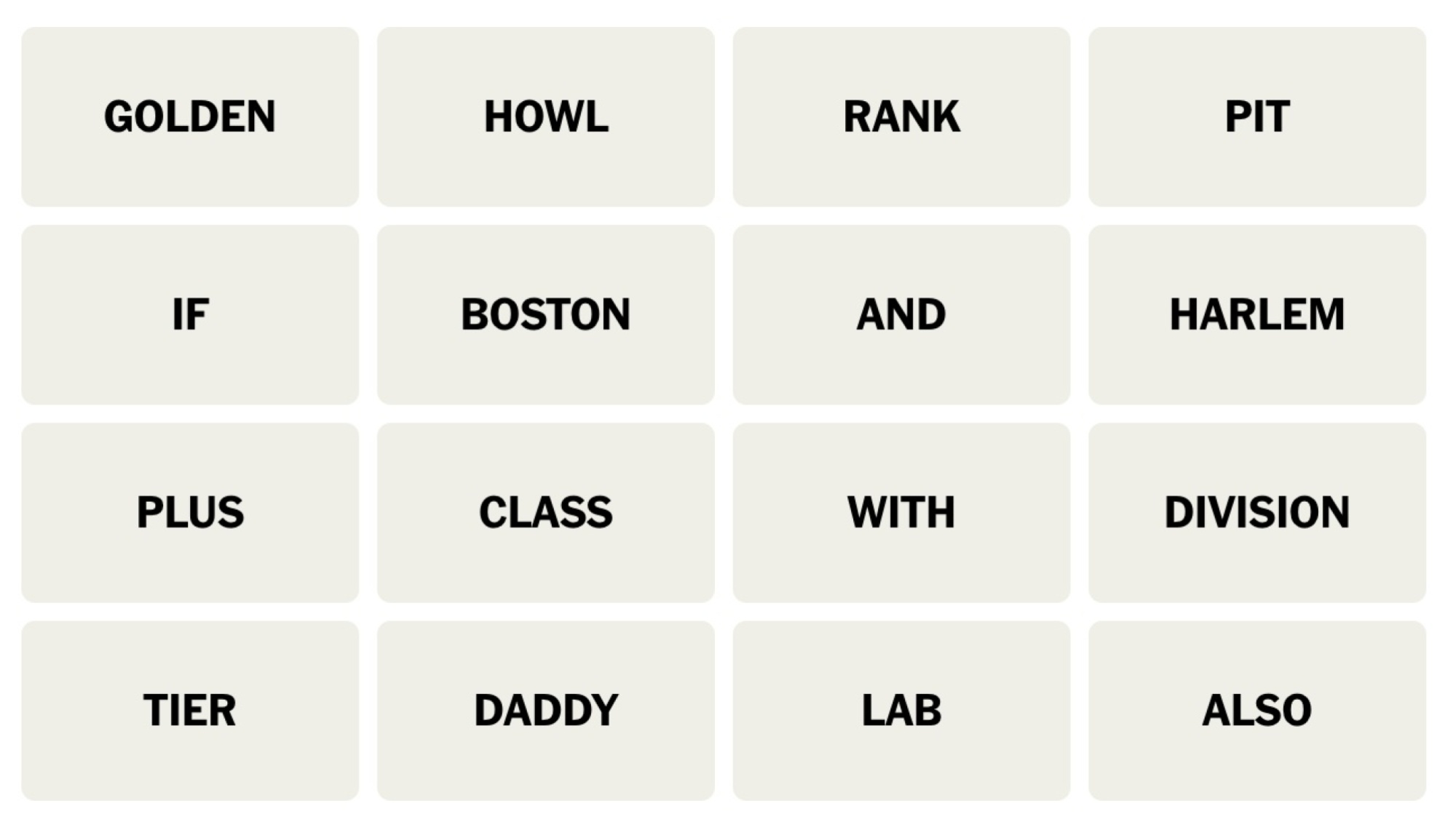 NYT Connections board for March 12, 2024: GOLDEN, HOWL, RANK, PIT, IF, BOSTON, AND, HARLEM, PLUS, CLASS, WITH, DIVISION, TIER, DADDY, LAB, ALSO.