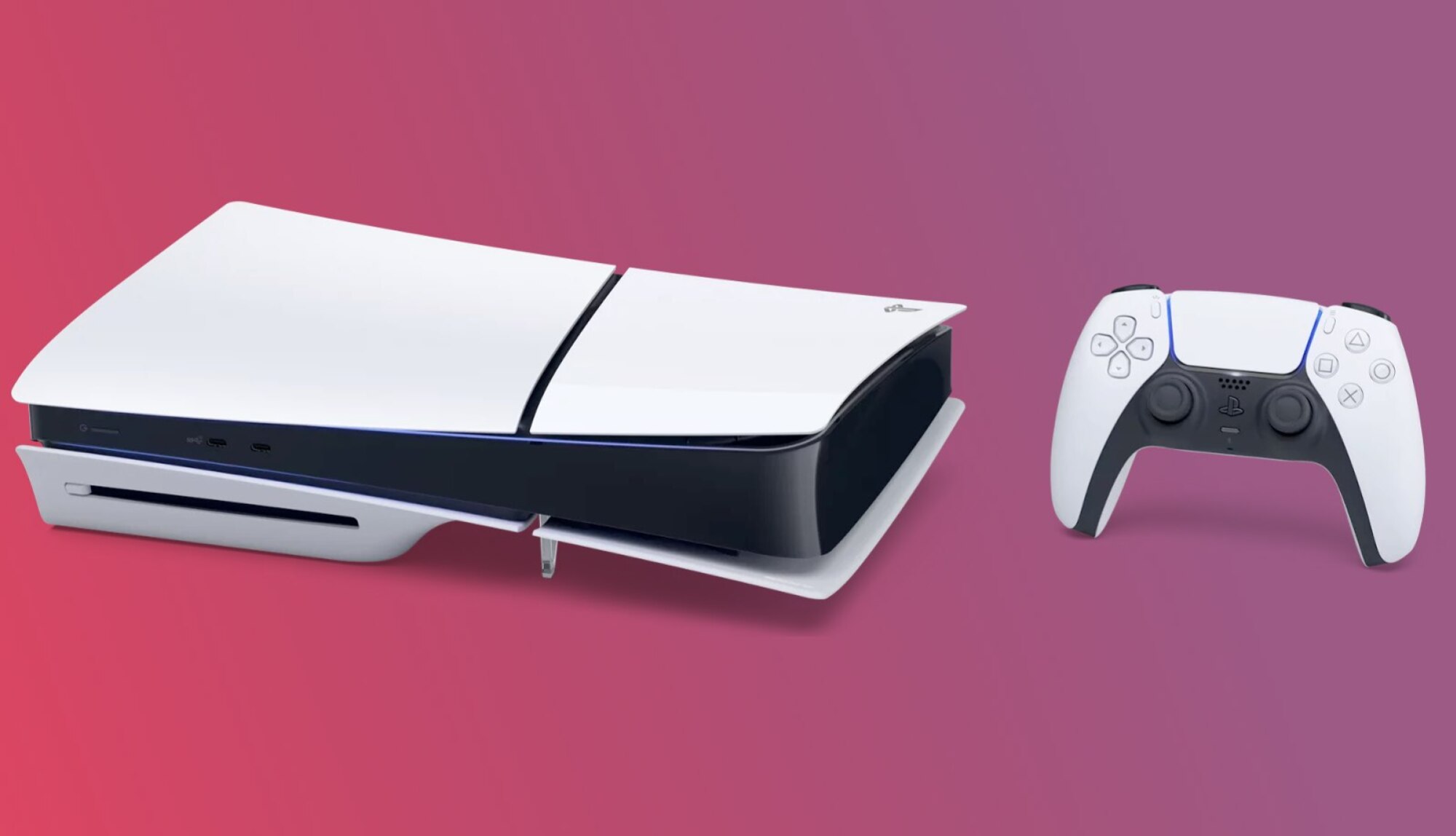 A PS5 Slim console with a DualSense controller against a pink gradient background.