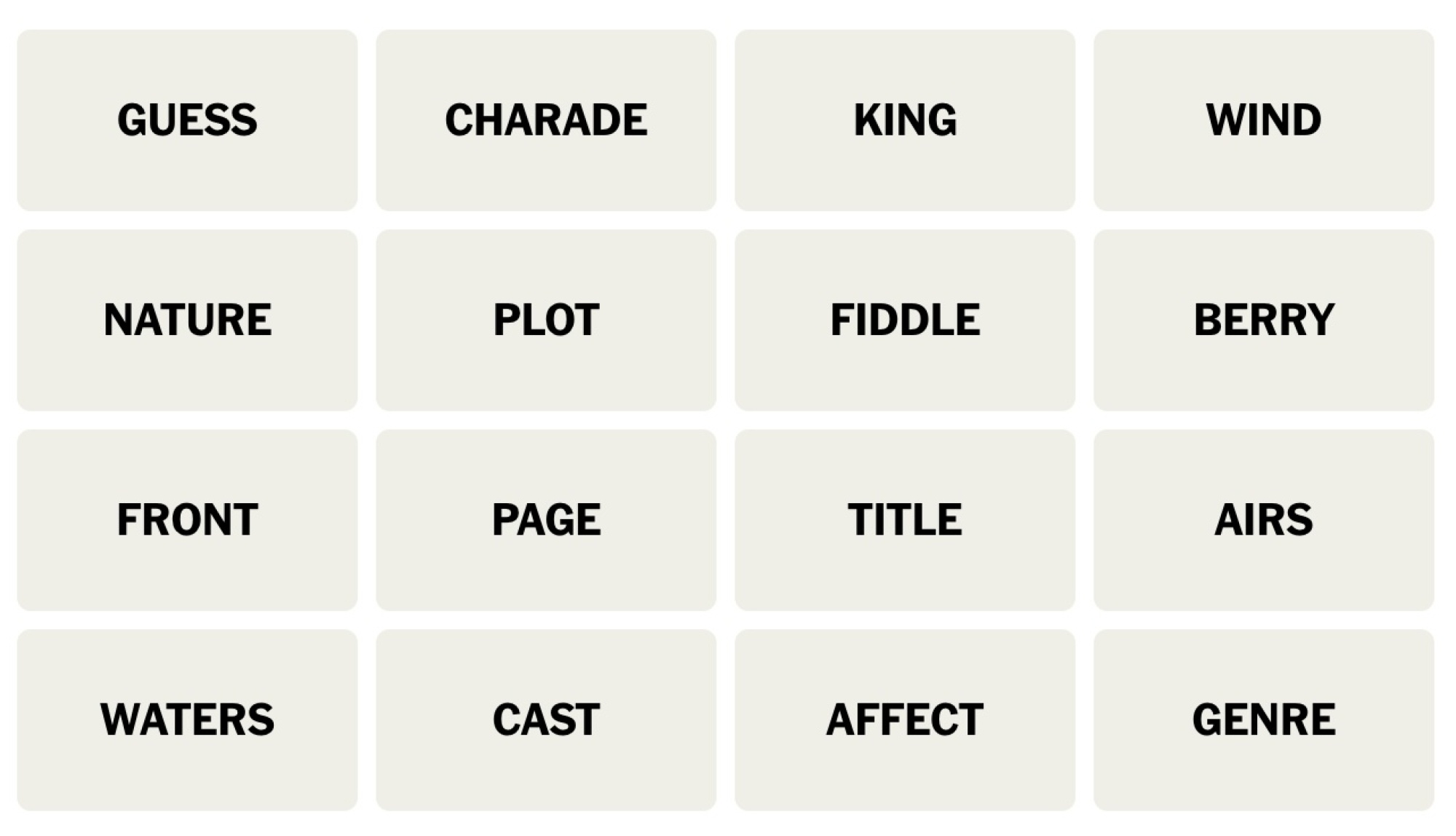 NYT Connections board for March 19, 2024: GUESS, CHARADE, KING, WIND, NATURE, PLOT, FIDDLE, BERRY, FRONT, PAGE, TITLE, AIRS, WATERS, CAST, AFFECT, GENRE.