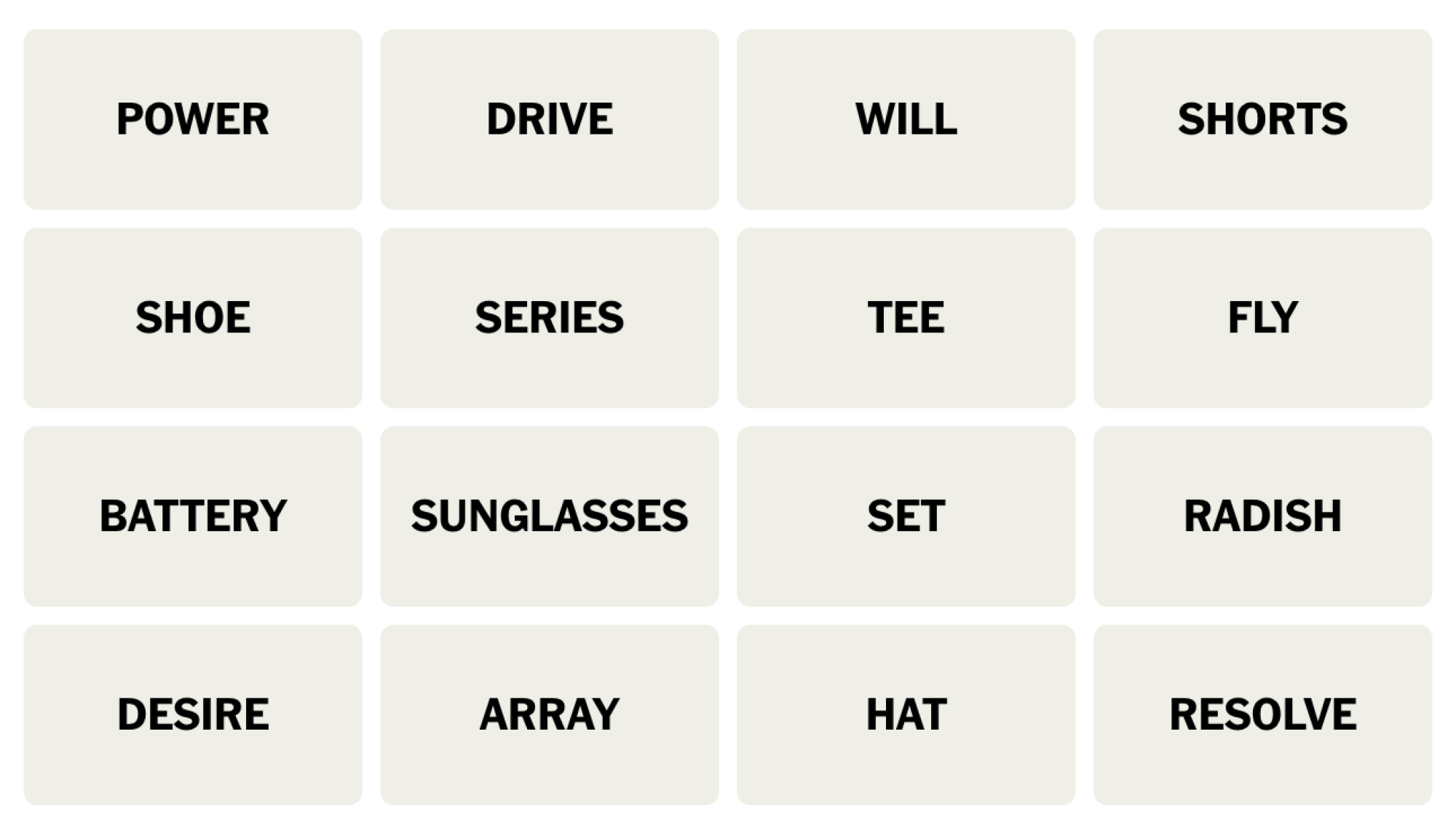 NYT Connections board for April 6, 2024: POWER, DRIVE, WILL, SHORTS, SHOE, SERIES, TEE, FLY, BATTERY, SUNGLASSES, SET, RADISH, DESIRE, ARRAY, HAT, RESOLVE.