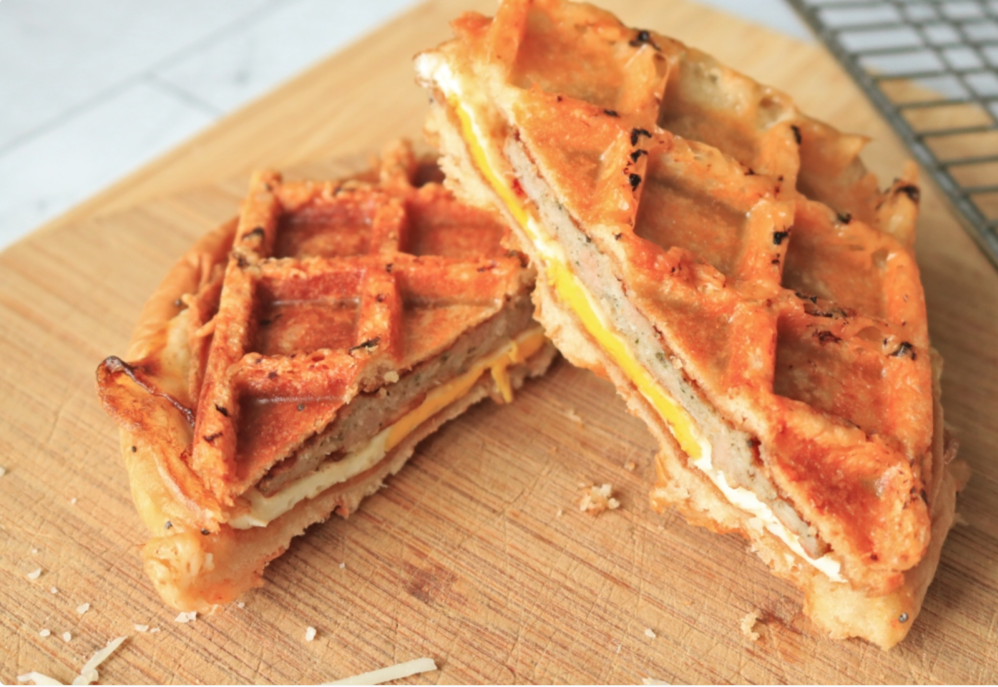 A waffled breakfast sandwich.