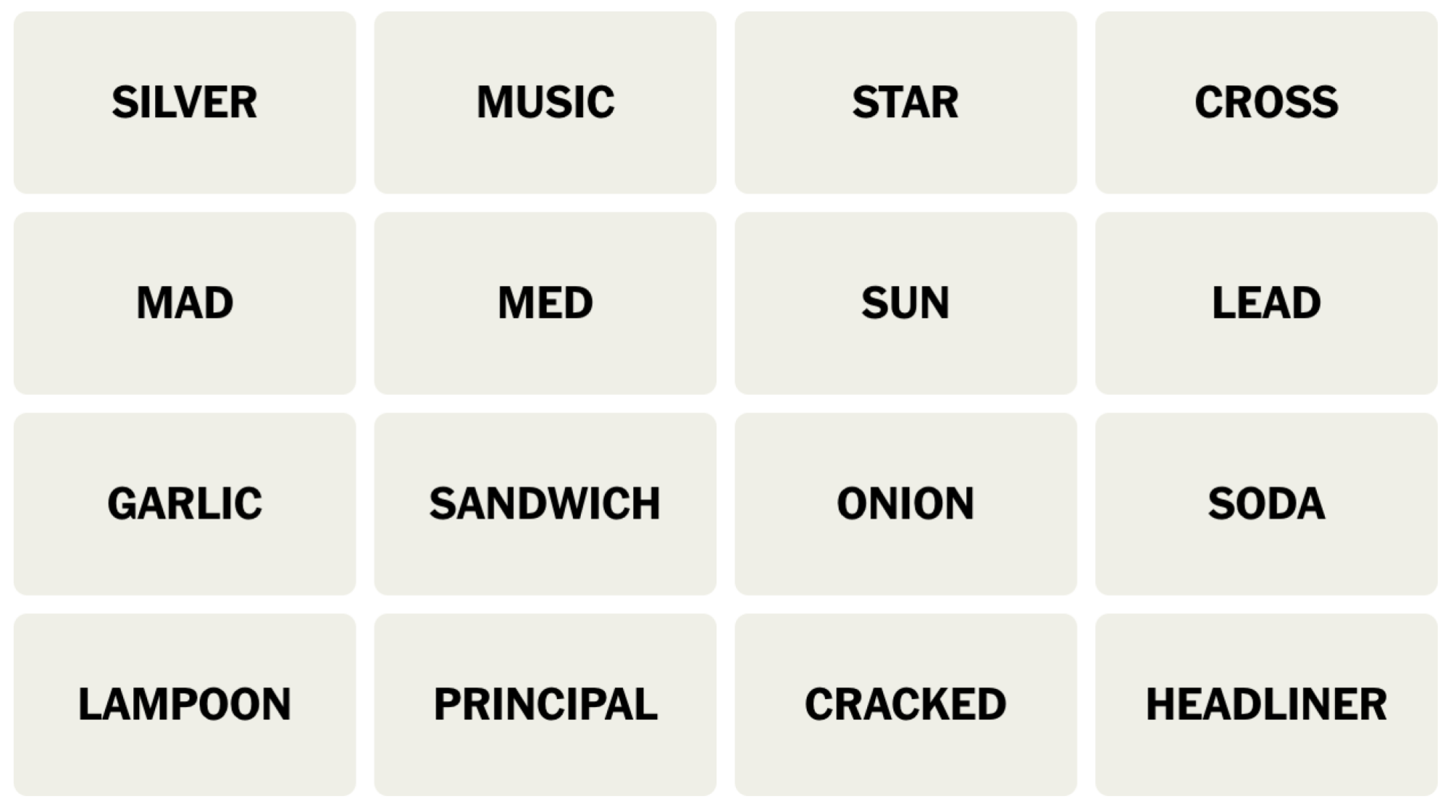 NYT Connections board for May 11, 2024: SILVER, MUSIC, STAR, CROSS, MAD, MEN, SUN, LEAD, GARLIC, SANDWICH, ONION, SODA, LAMPOON PRINCIPAL, CRACKED, HEADLINER.