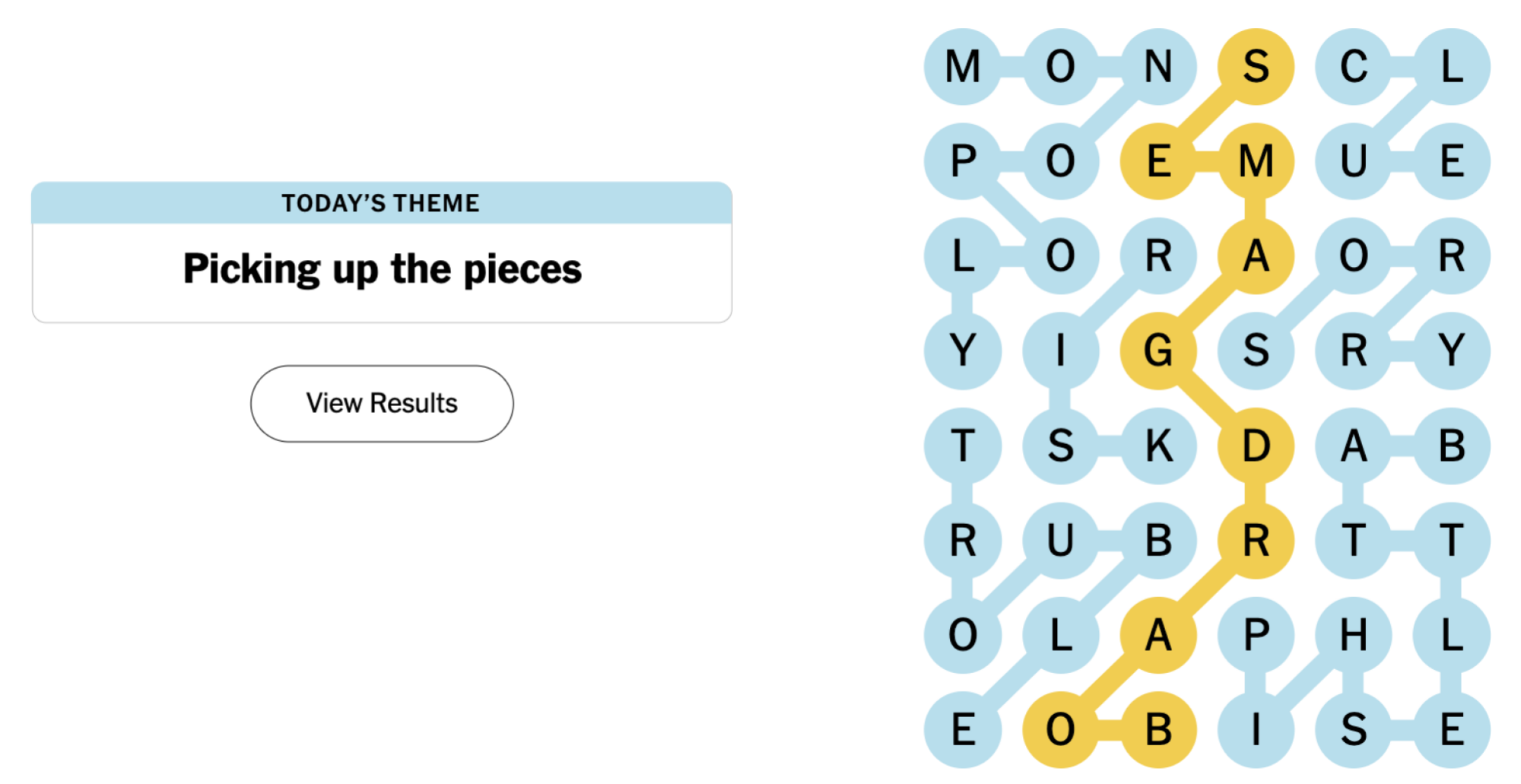 Completed NYT Strands board for June 17, 2024: Picking up the pieces.