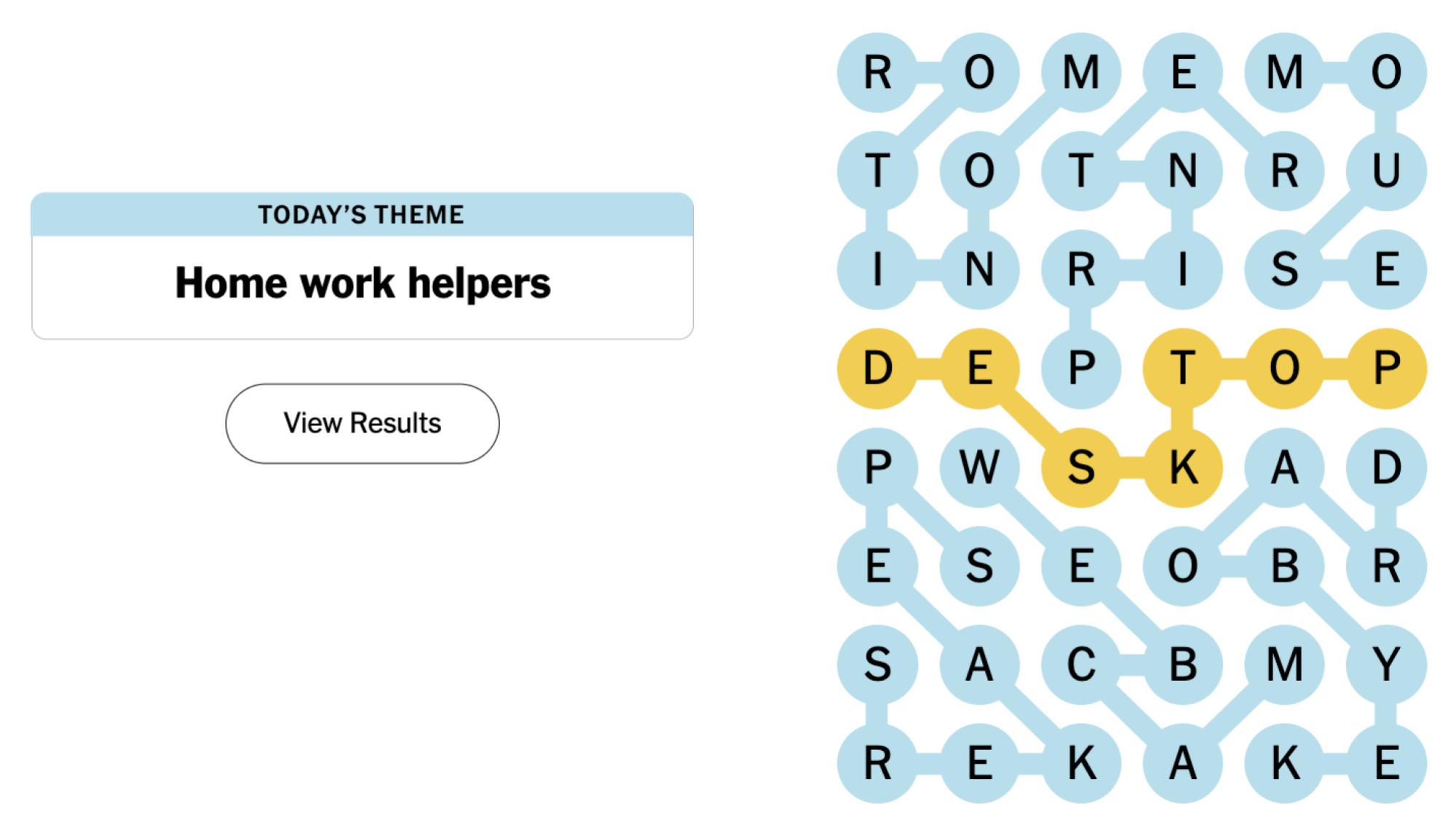 Completed NYT Strands board for June 19, 2024: Home work helpers.