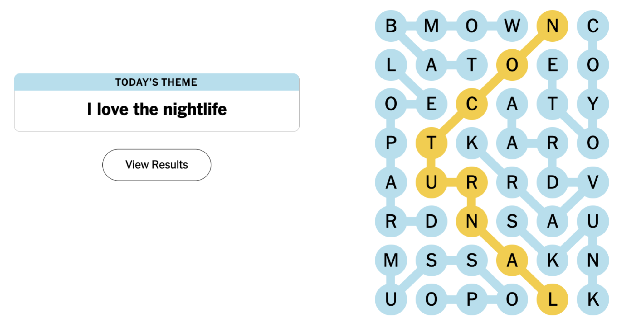 Completed NYT Strands board for June 22, 2024: I love the nightlife.