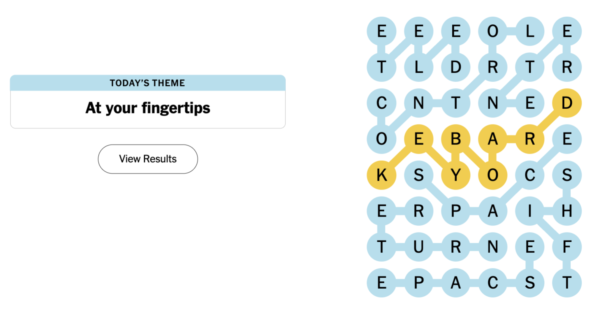 Completed NYT Strands board for July 18, 2024: At your fingertips.