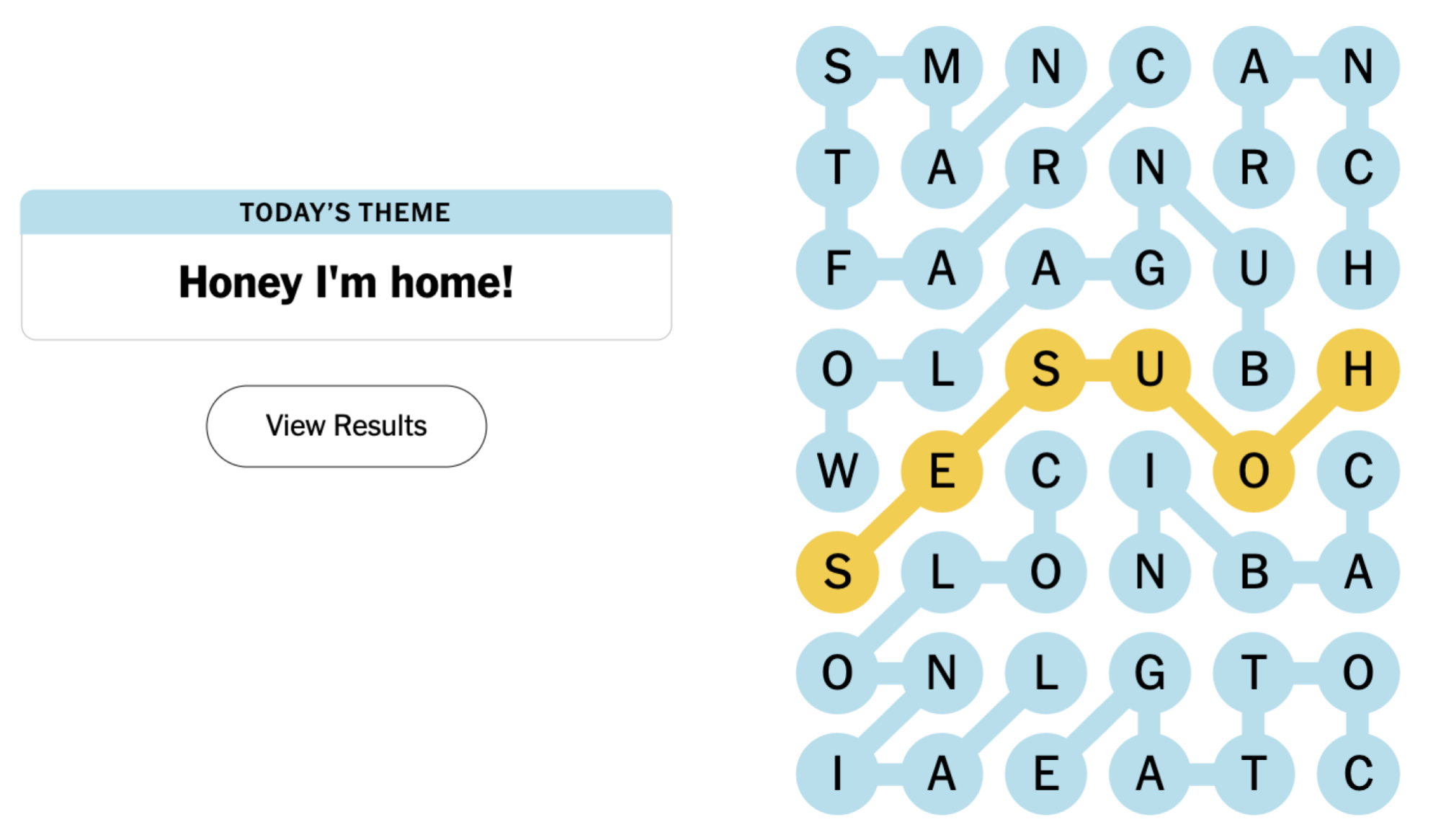 Completed NYT Strands board for August 14, 2024: Honey I’m home!.