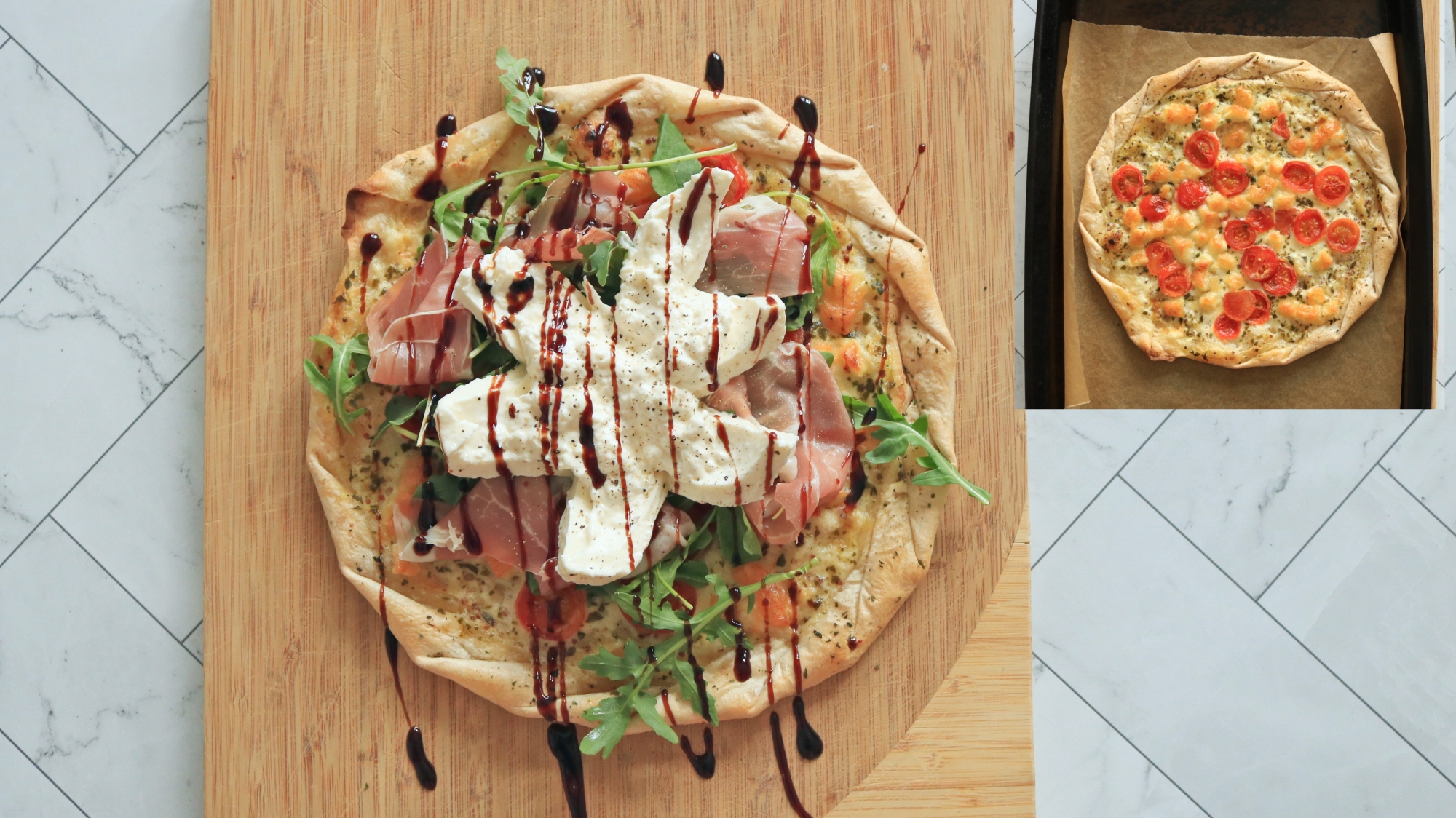 Pizza on a cutting board.