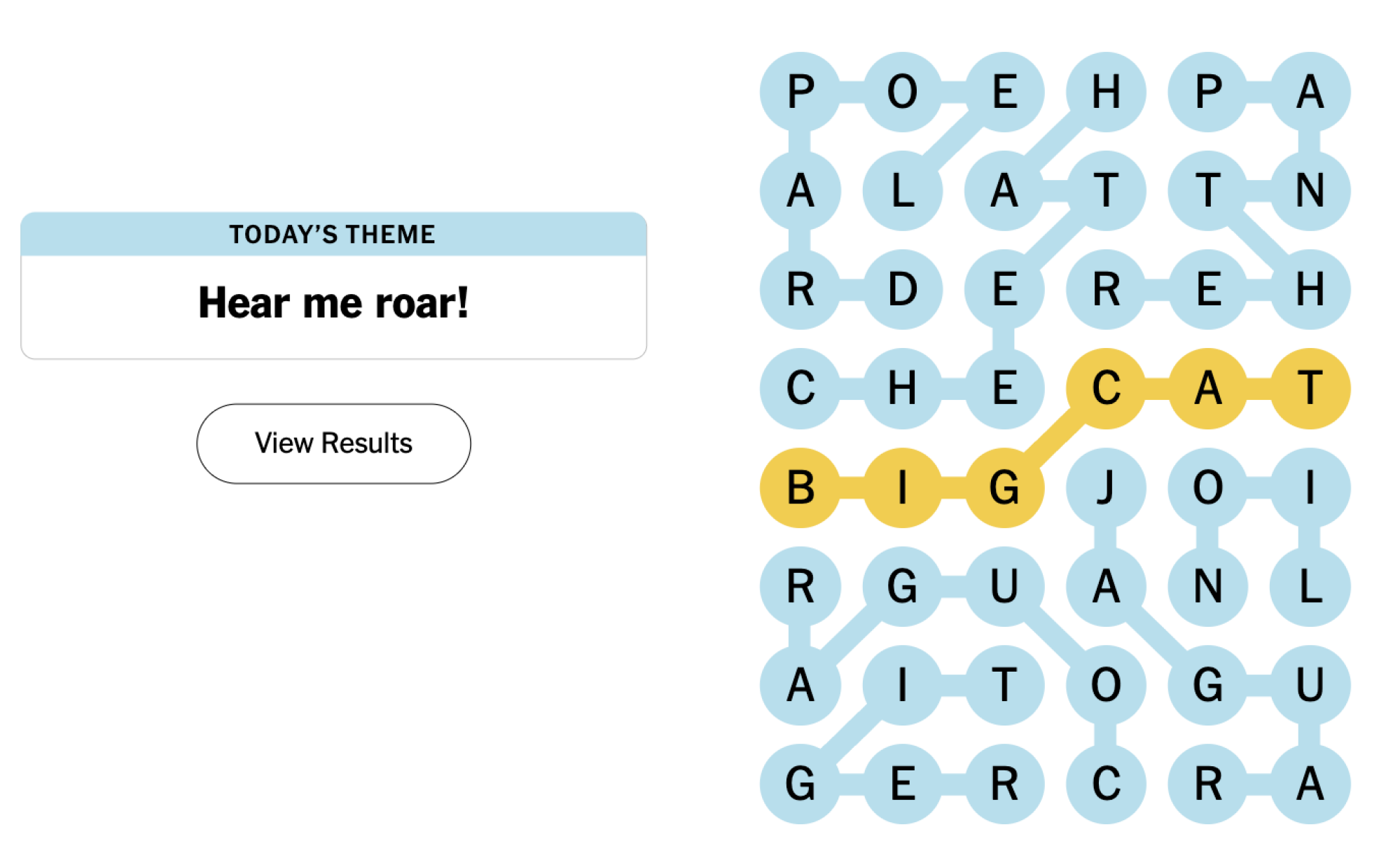 Completed NYT Strands board for August 19, 2024: Hear me roar!