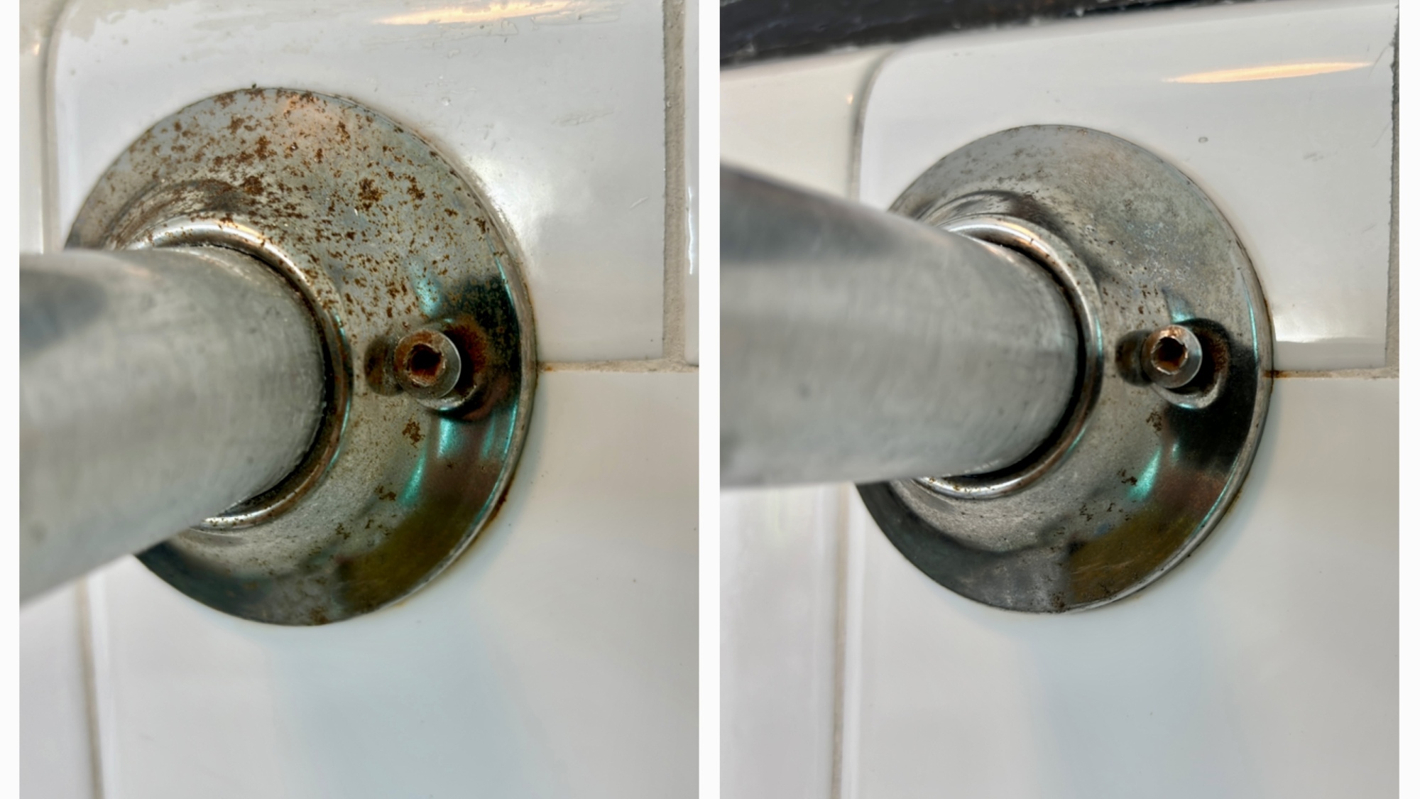 Before-and-after photos of rust removal from shower curtain rod holder