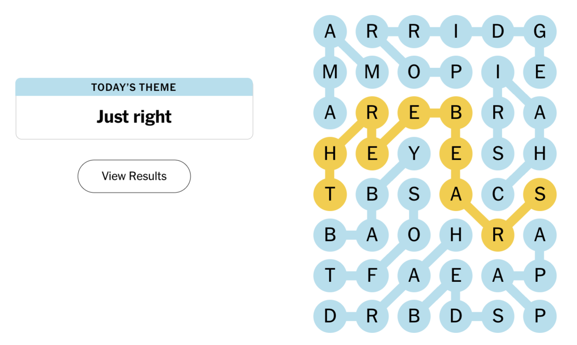 Completed NYT Strands board for September 6, 2024: Just right.