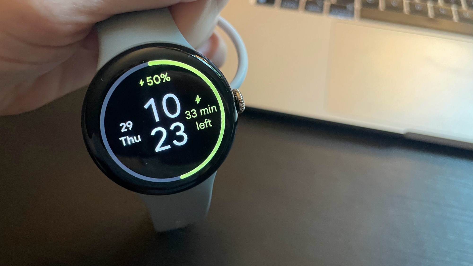 The Pixel Watch 3 charging (33 minutes left at 50%)