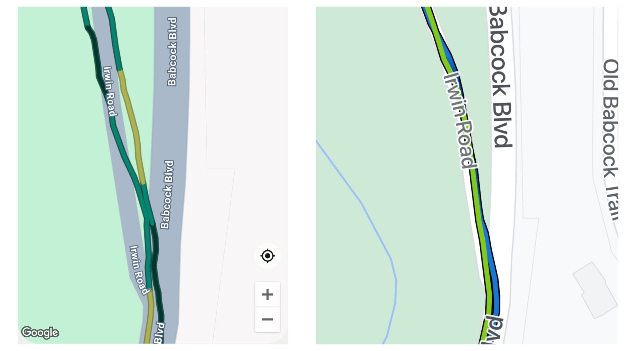 Running route on the same road, two maps. The Pixel version has wobbly lines that don't quite stay on the road.