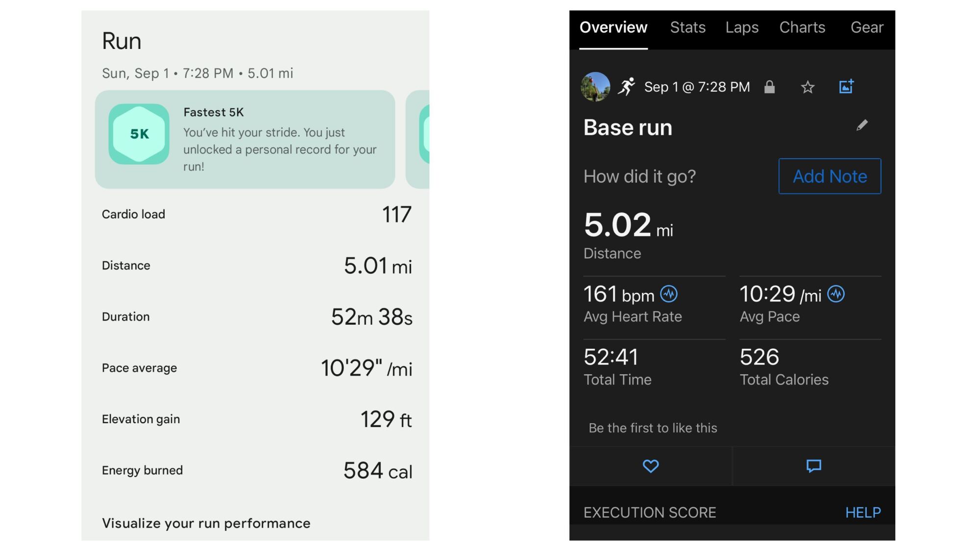 Left: Pixel Watch 3 (Fitbit app) / Right: Garmin Forerunner 265 from the same run