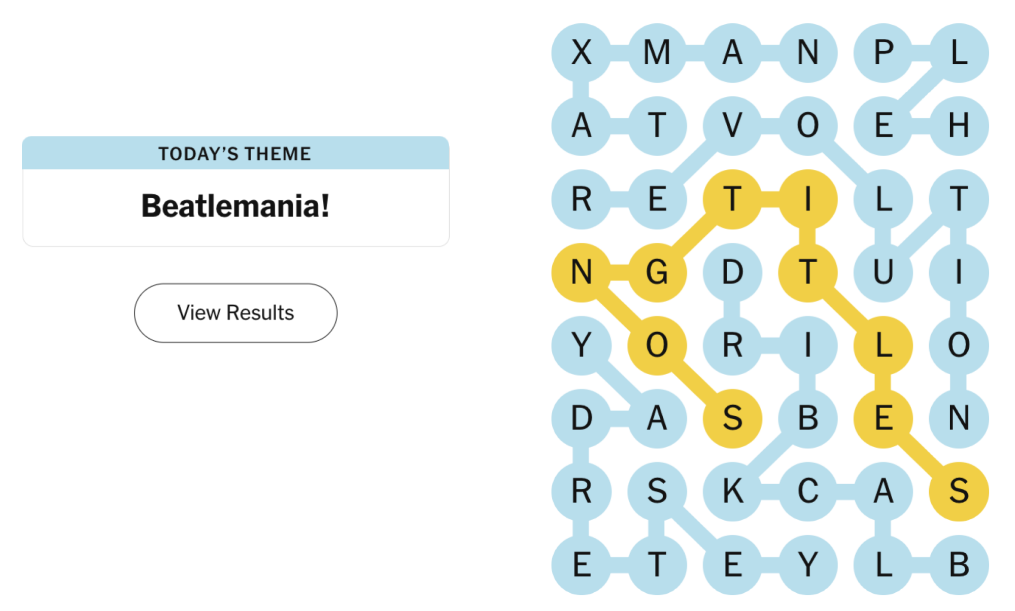 Completed NYT Strands board for December 2, 2024: Beatlemania!