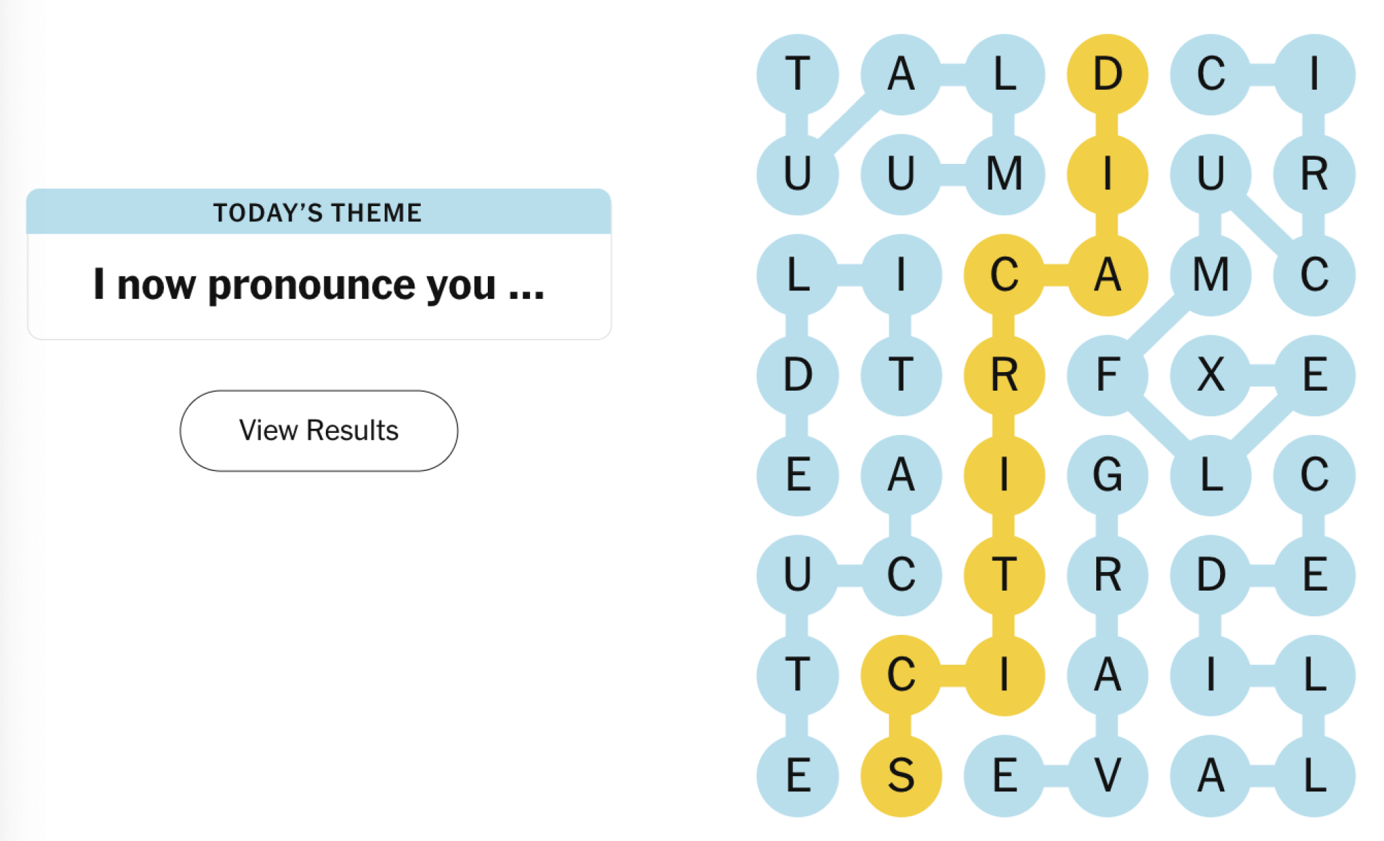 Completed NYT Strands board for December 4, 2024: I now pronounce you ...