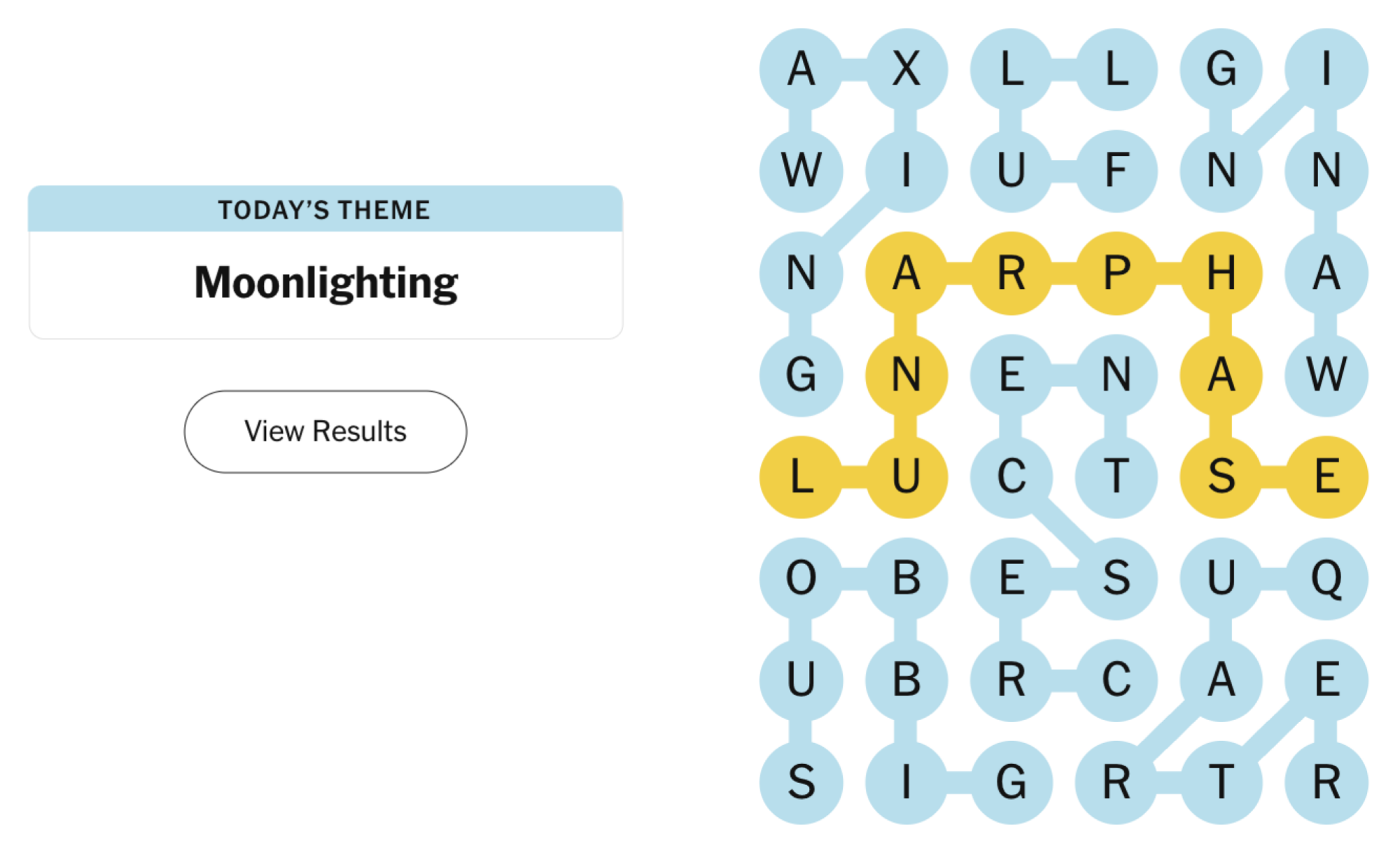 Completed NYT Strands board for December 15, 2024: Moonlighting.