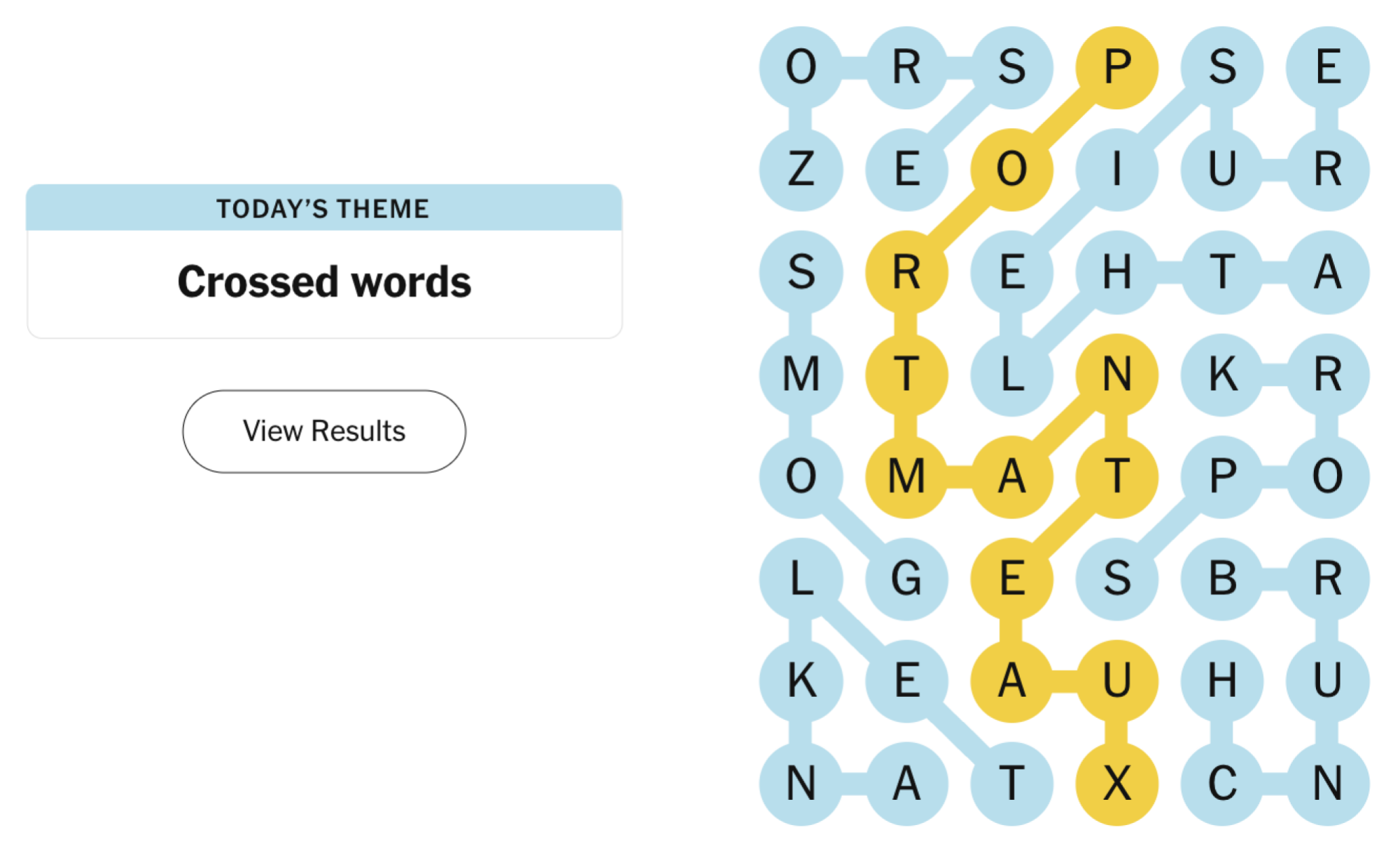 Completed NYT Strands board for December 16, 2024: Crossed words.