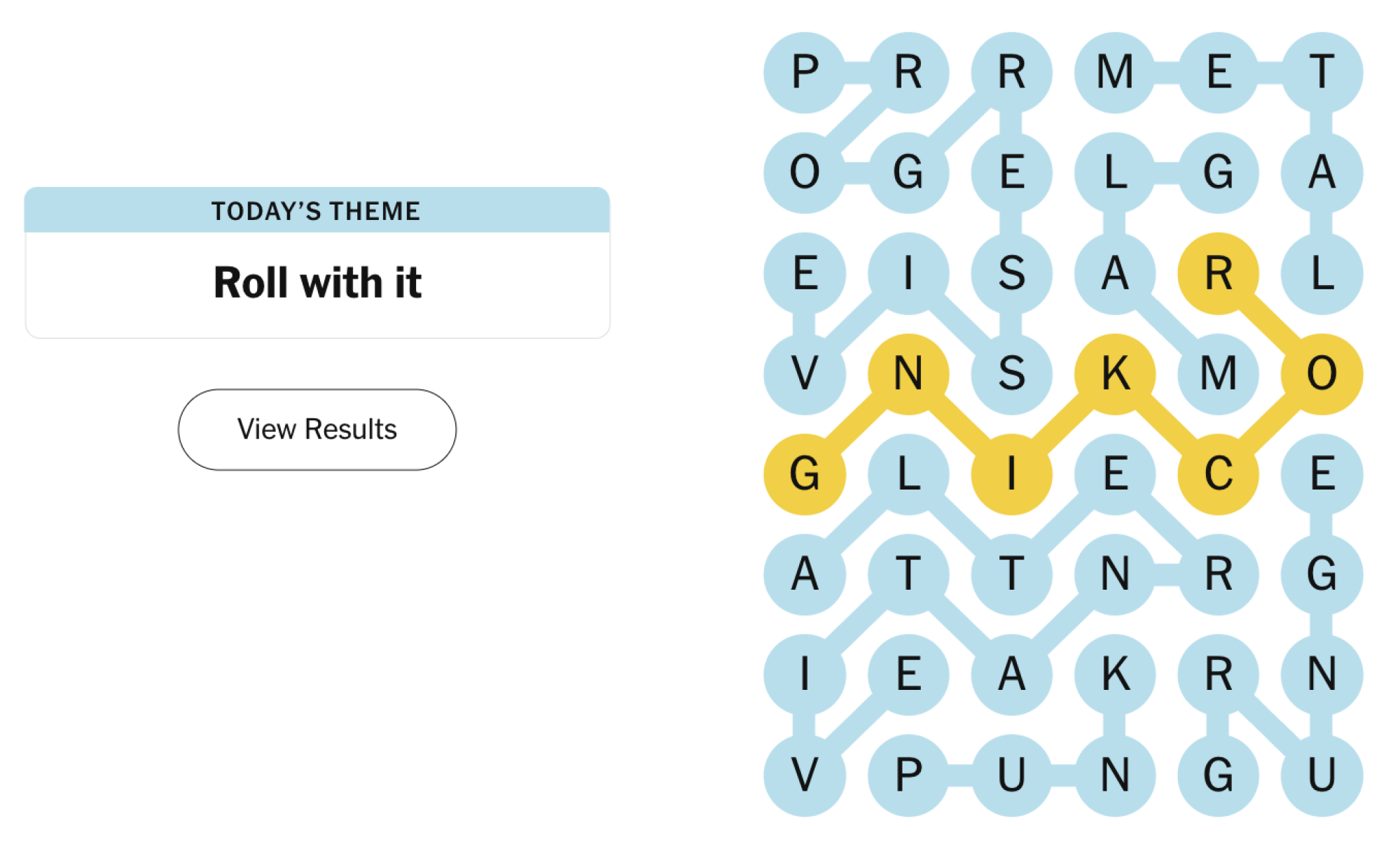 Completed NYT Strands board for December 19, 2024: Roll with it.