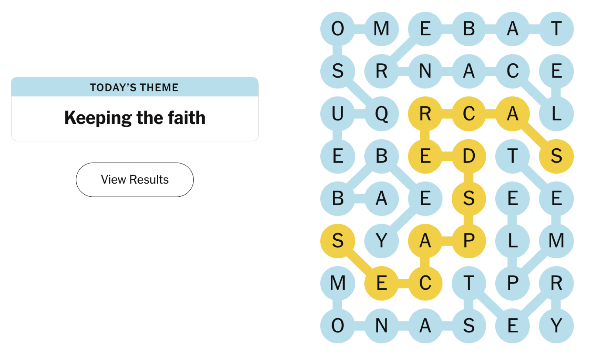 Completed NYT Strands board for December 21, 2024: Keeping the faith.