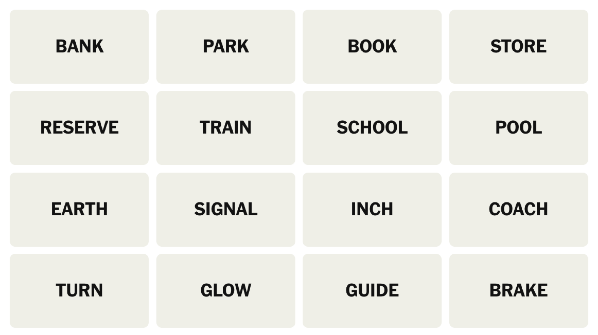 NYT Connections board for January 13, 2025: BANK, PARK, BOOK, STORE, RESERVE, TRAIN, SCHOOL, POOL, EARTH, SIGNAL, INCH, COACH, TURN, GLOW, GUIDE, BRAKE.