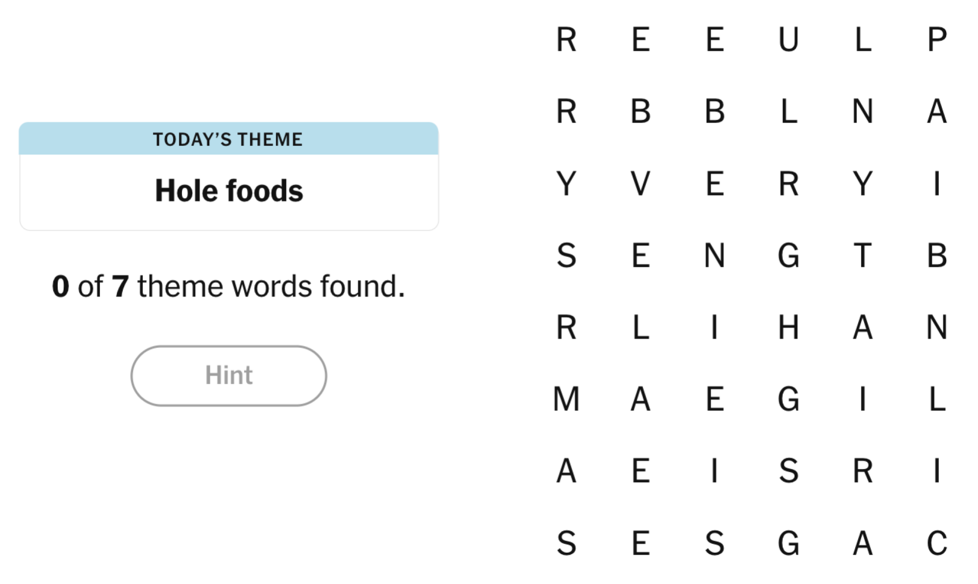 NYT Strands board for January 13, 2025: Hole foods.