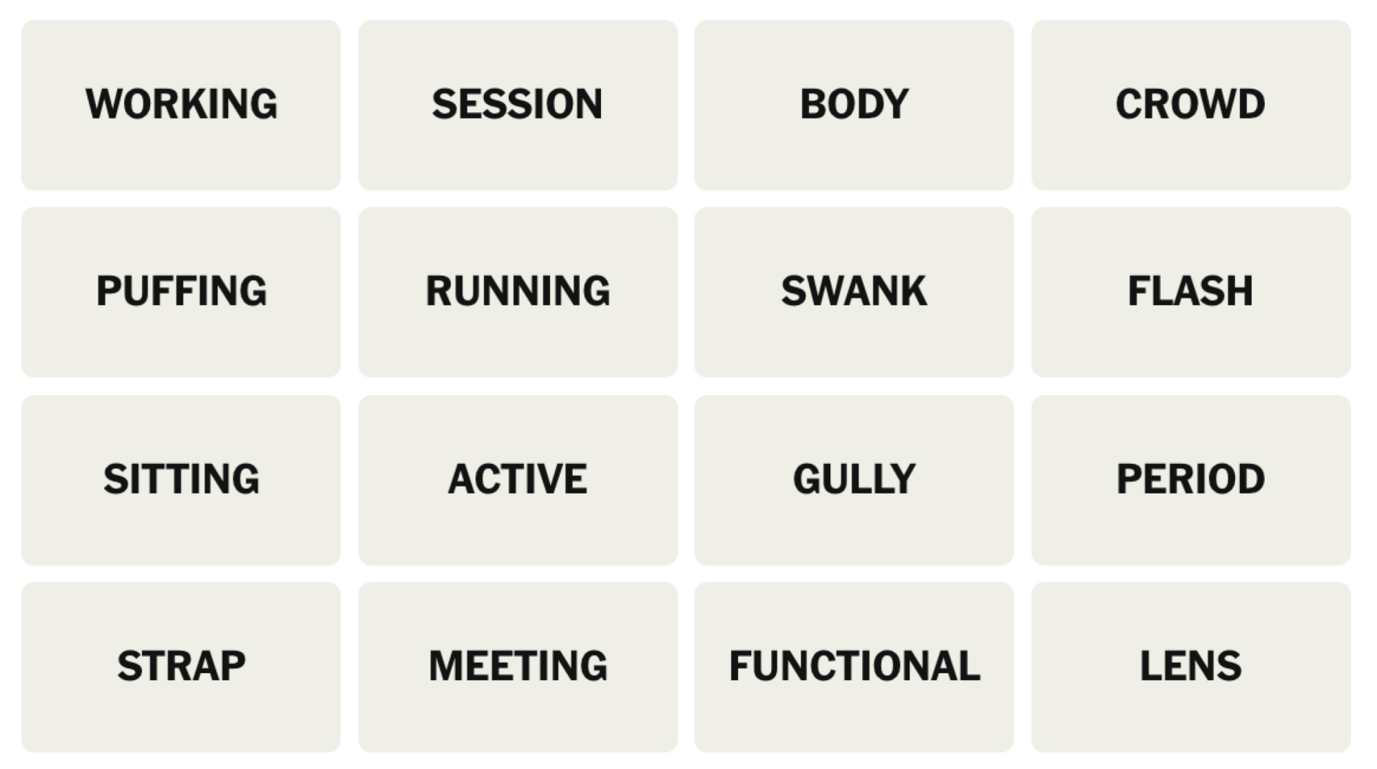 NYT Connections board for January 14, 2025: WORKING, SESSION, BODY, CROWD, PUFFING, RUNNING, SWANK, FLASH, SITTING, ACTIVE, GULLY, PERIOD, STRAP, MEETING, FUNCTIONAL, LENS.