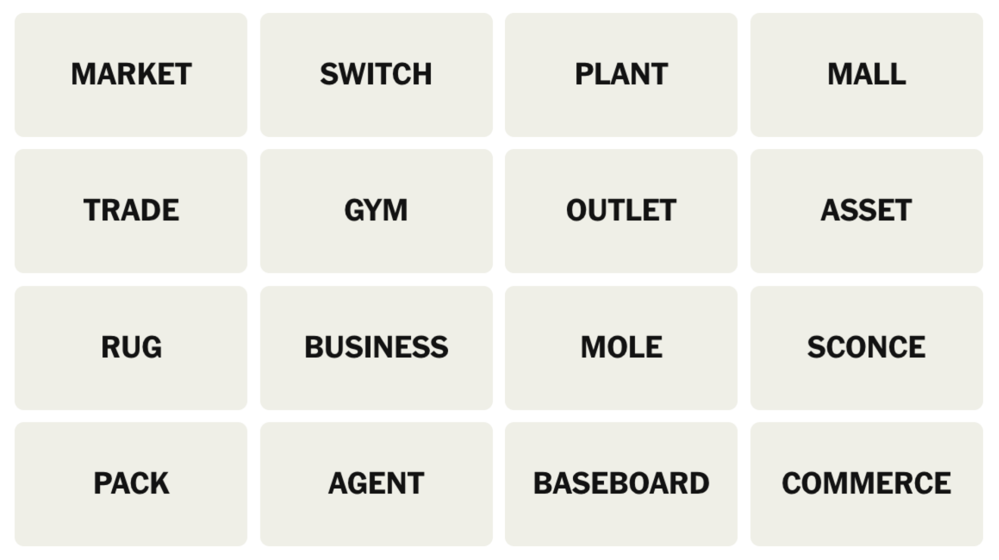 NYT Connections board for January 16, 2025: MARKET, SWITCH, PLANT, MALL, TRADE, GYM, OUTLET, ASSET, RUG, BUSINESS, MOLE, SCONCE, PACK, AGENT, BASEBOARD, COMMERCE.