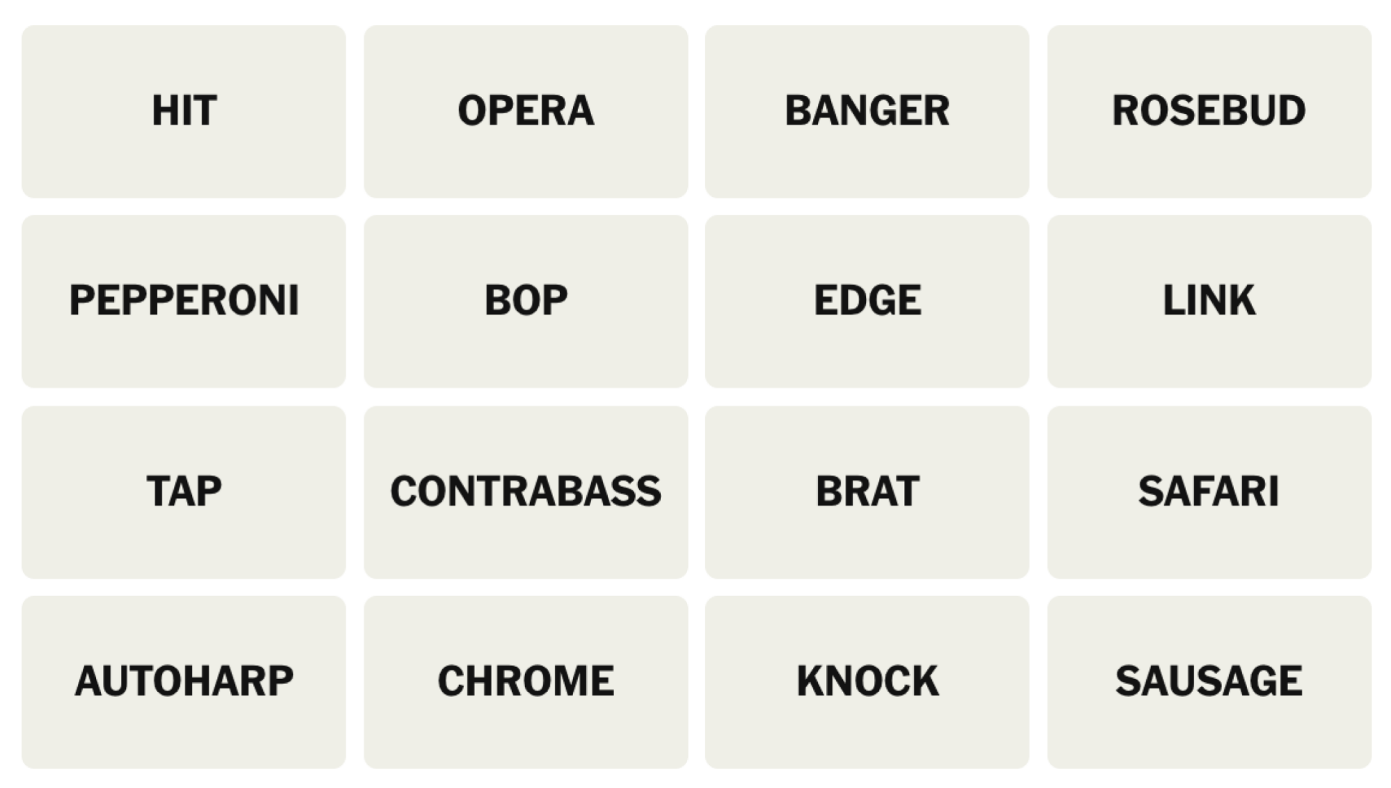 NYT Connections board for January 17, 2025: HIT, OPERA, BANGER, ROSEBUD, BOP, EDGE, LINK, RAP, CONTRABASS, BRAT, SAFARI, AUTOHARP, CHROME, KNOCK, SAUSAGE.