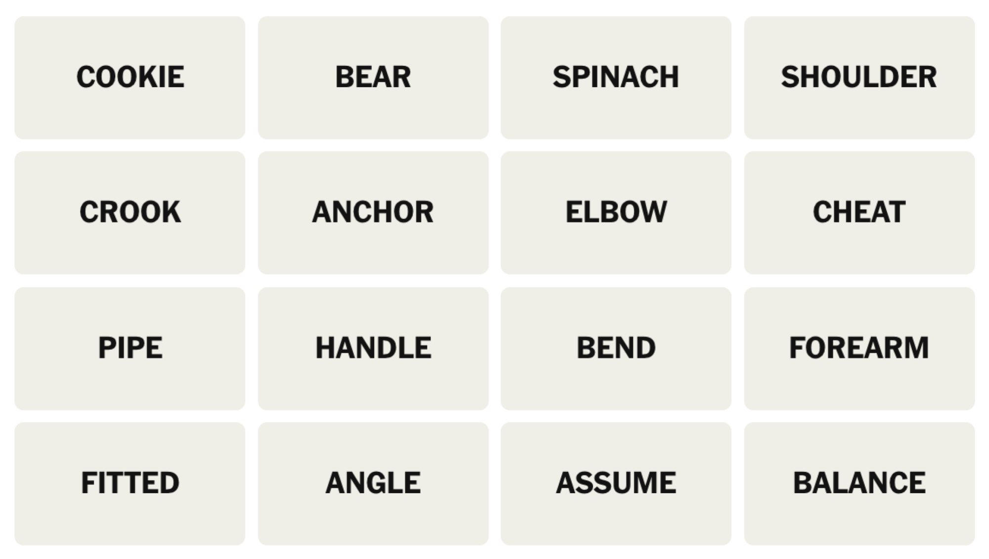 NYT Connections board for January 20, 2025: COOKIE, BEAR, SPINACH, SHOULDER, CROOK, ANCHOR, ELBOW, CHEAT, PIPE, HANDLE, BEND, FOREARM, FITTED, ANGLE, ASSUME, BALANCE.