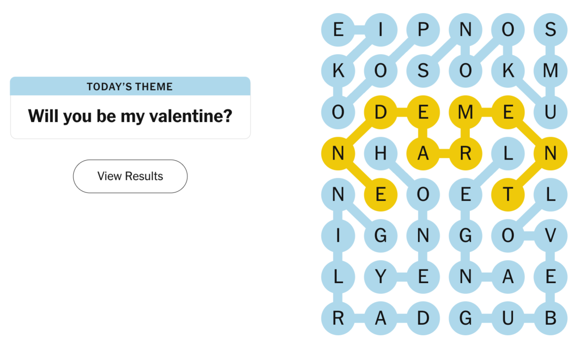 Completed NYT Strands board for February 14, 2024: Will you be my valentine?