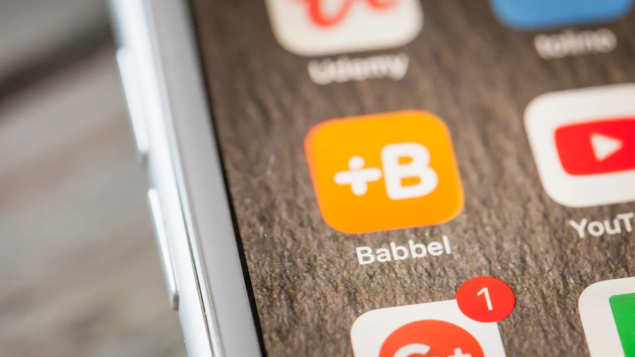 Close up of language learning app Babbel on the screen of an iPhone 7 Plus