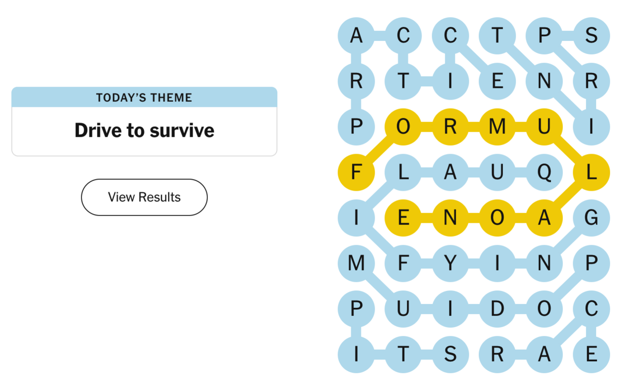 Completed NYT Strands board for March 16, 2024: Drive to survive.