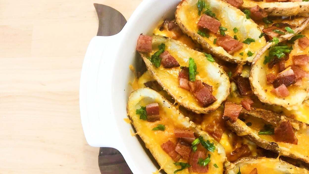 Line your stomach with a cheesy, salty potato skin casserole