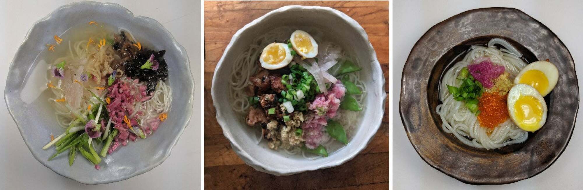 Three versions of cold soba in dash with Japanese pickles including umeboshi. 