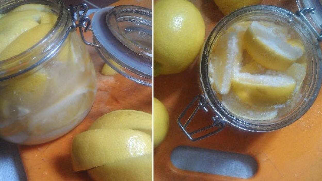 From the right: Segmented meyer lemons in canning salt; segments packed into a jar; then covered in lemon juice; and finally, finished preserved lemons. 